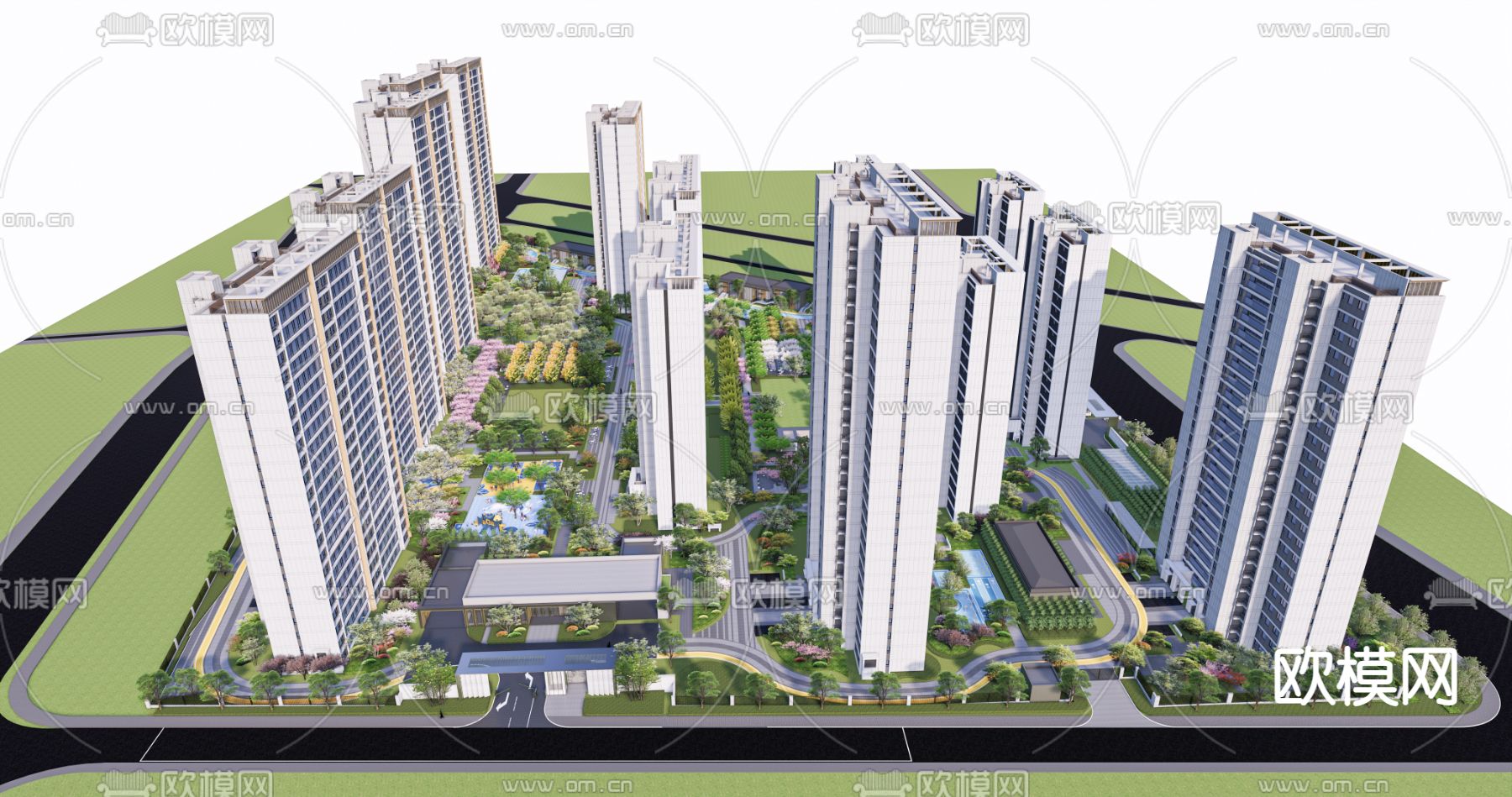 现代住宅小区鸟瞰su模型下载（渲染图1）