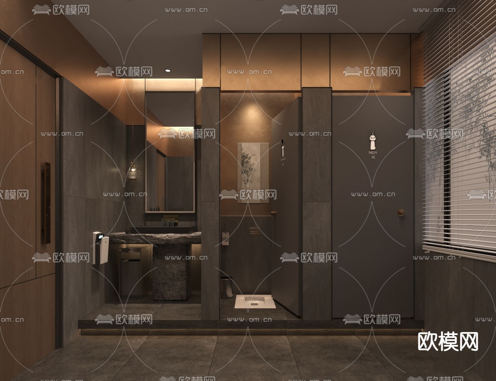 暗黑风公共卫生间su模型下载（渲染图1）