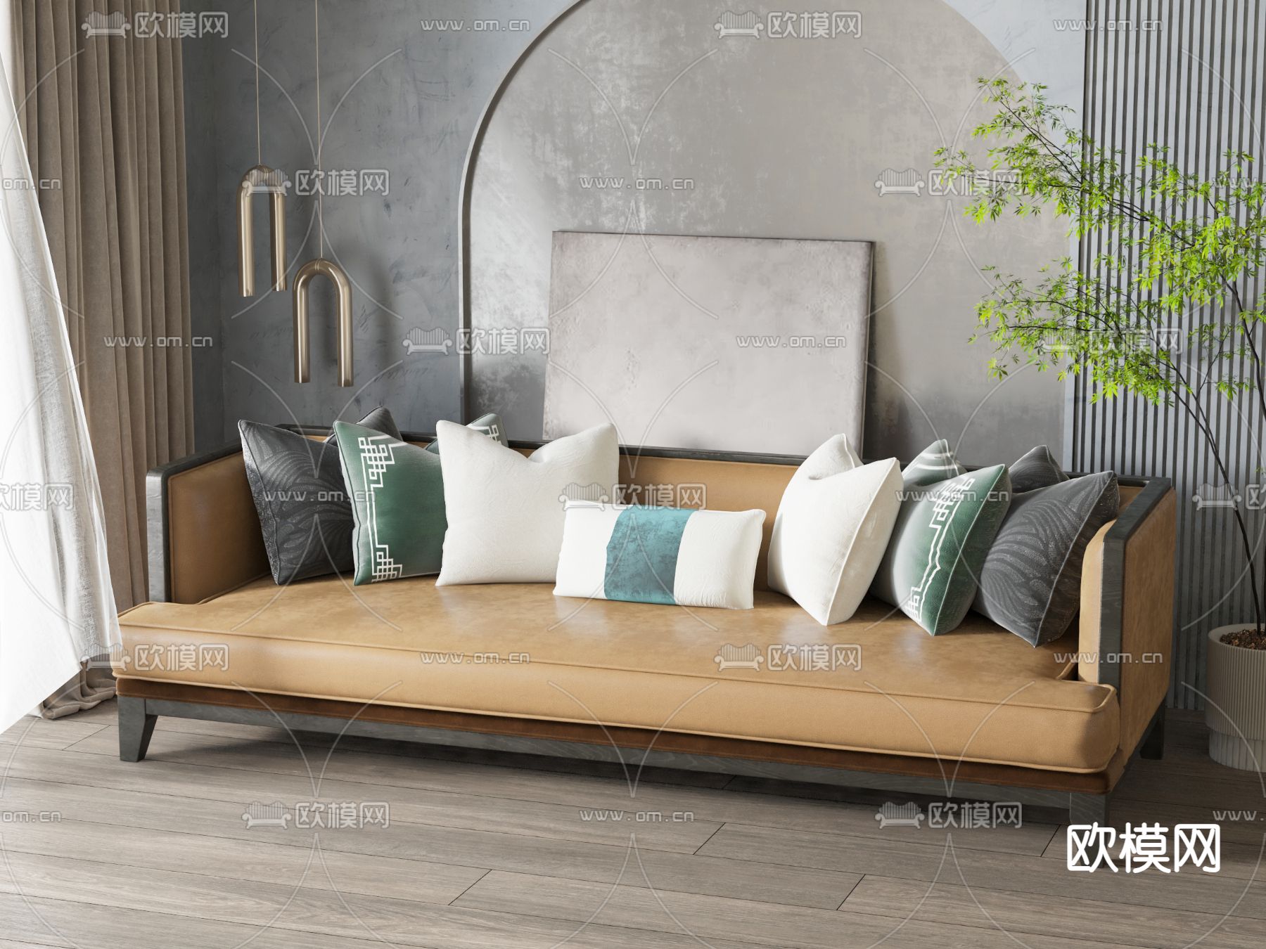 新中式多人沙发3d模型下载