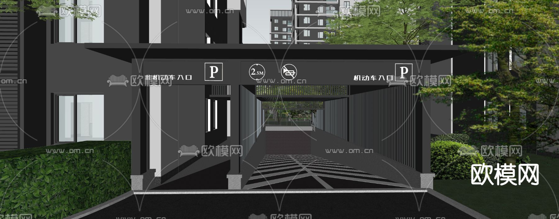 现代住宅小区 地库入口su模型下载（渲染图2）