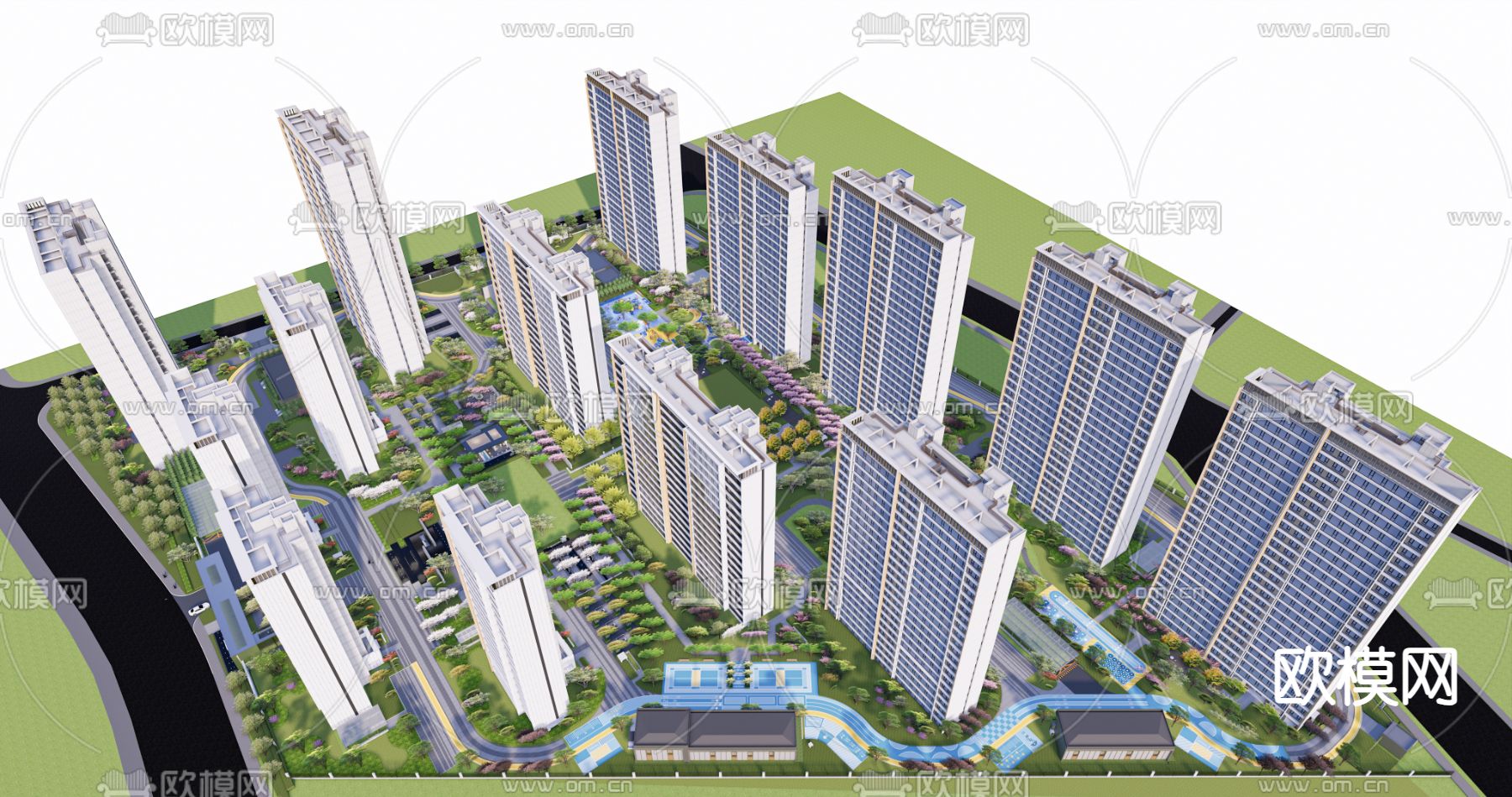 现代住宅小区鸟瞰su模型下载（渲染图2）