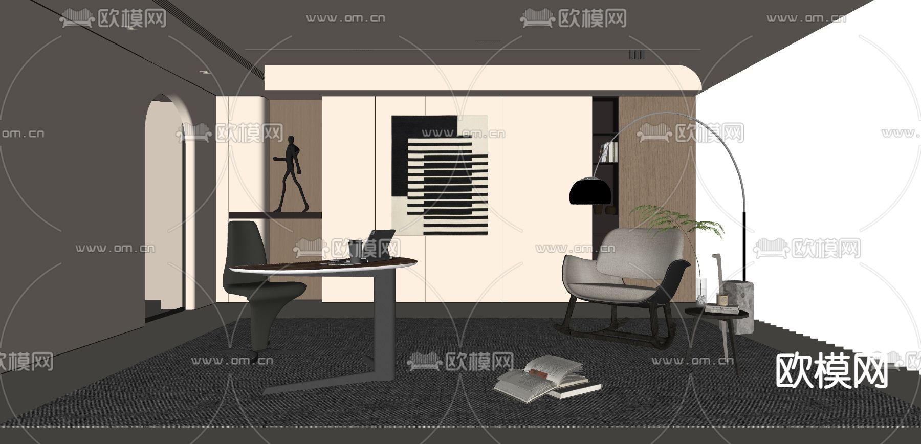 奶油风书房su模型下载（渲染图4）
