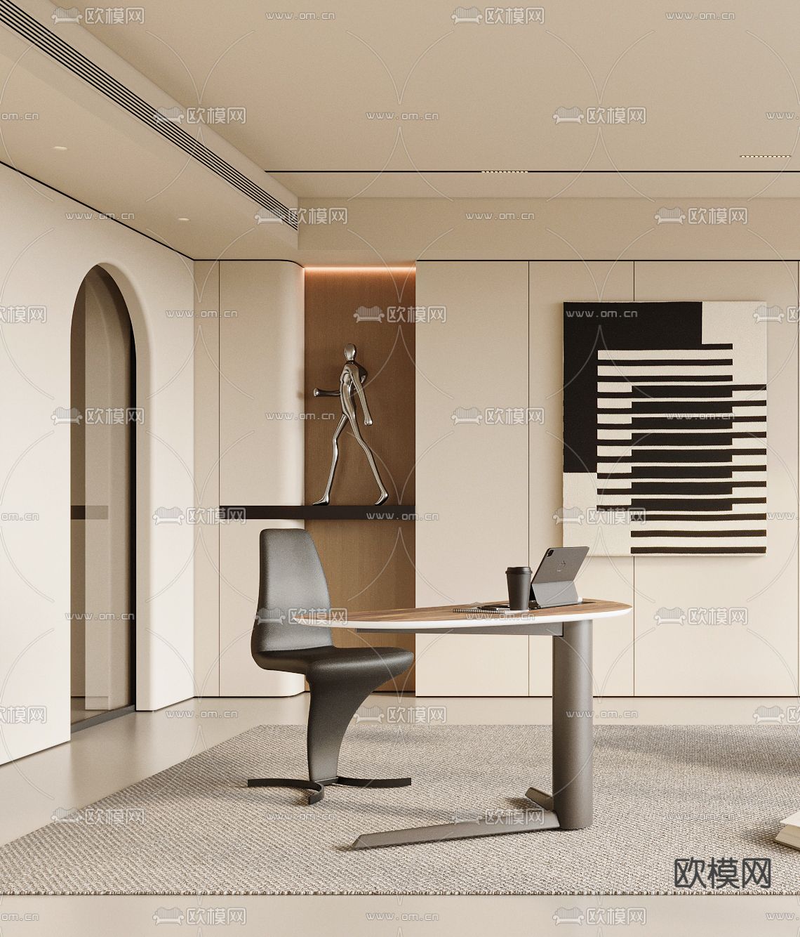 奶油风书房su模型下载（渲染图2）