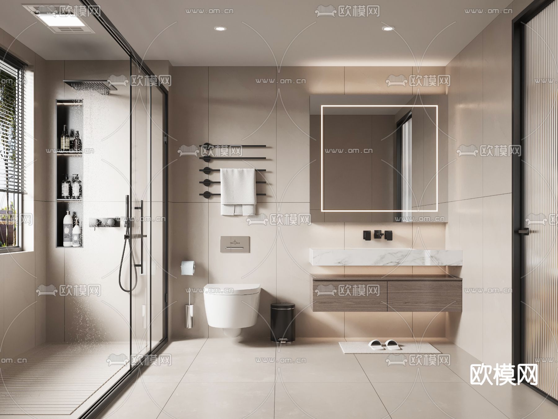 奶油卫生间 浴室 洗手间su模型下载（渲染图1）