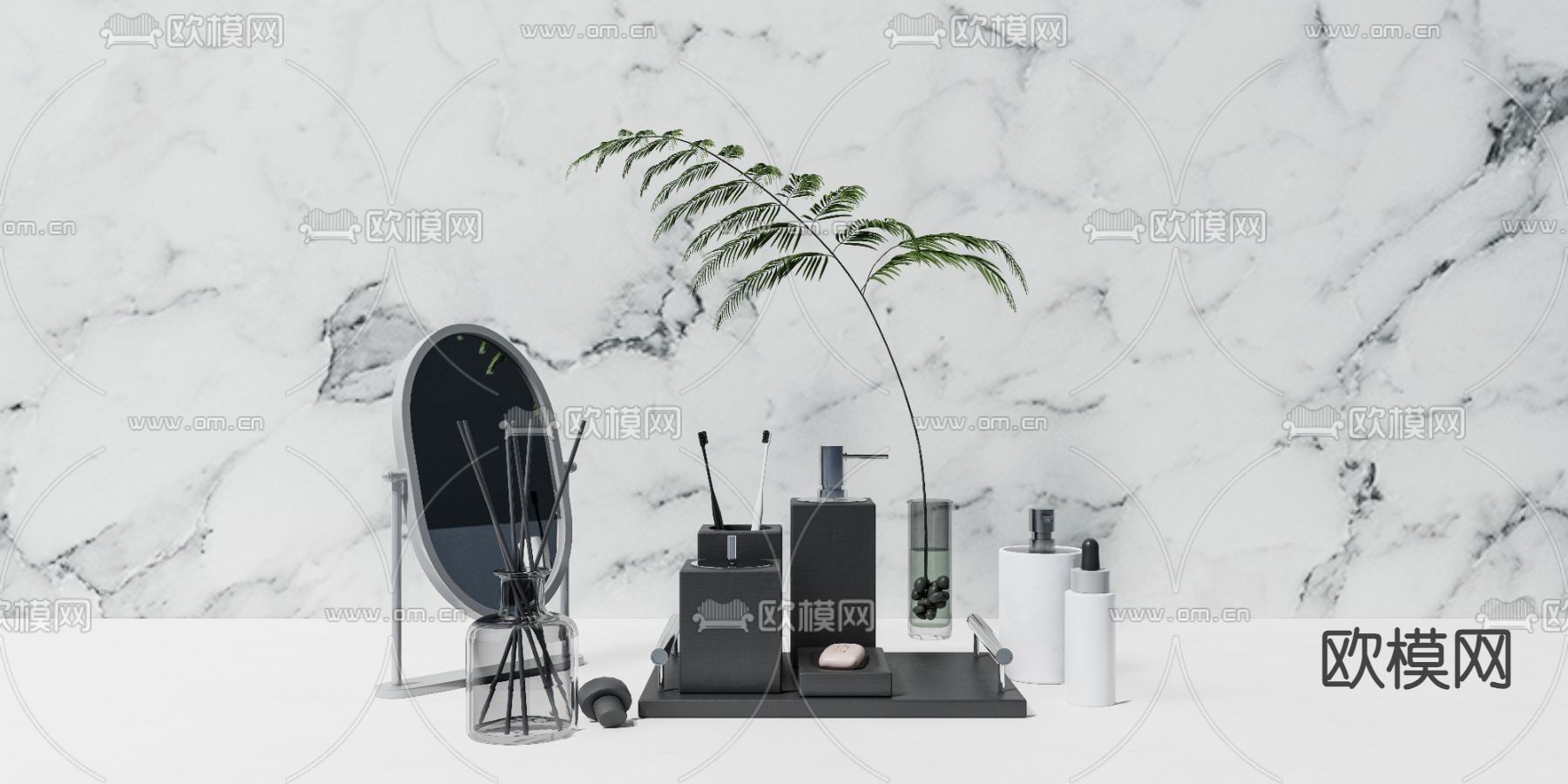 洗漱用品 牙刷 香薰 镜子su模型下载（渲染图1）