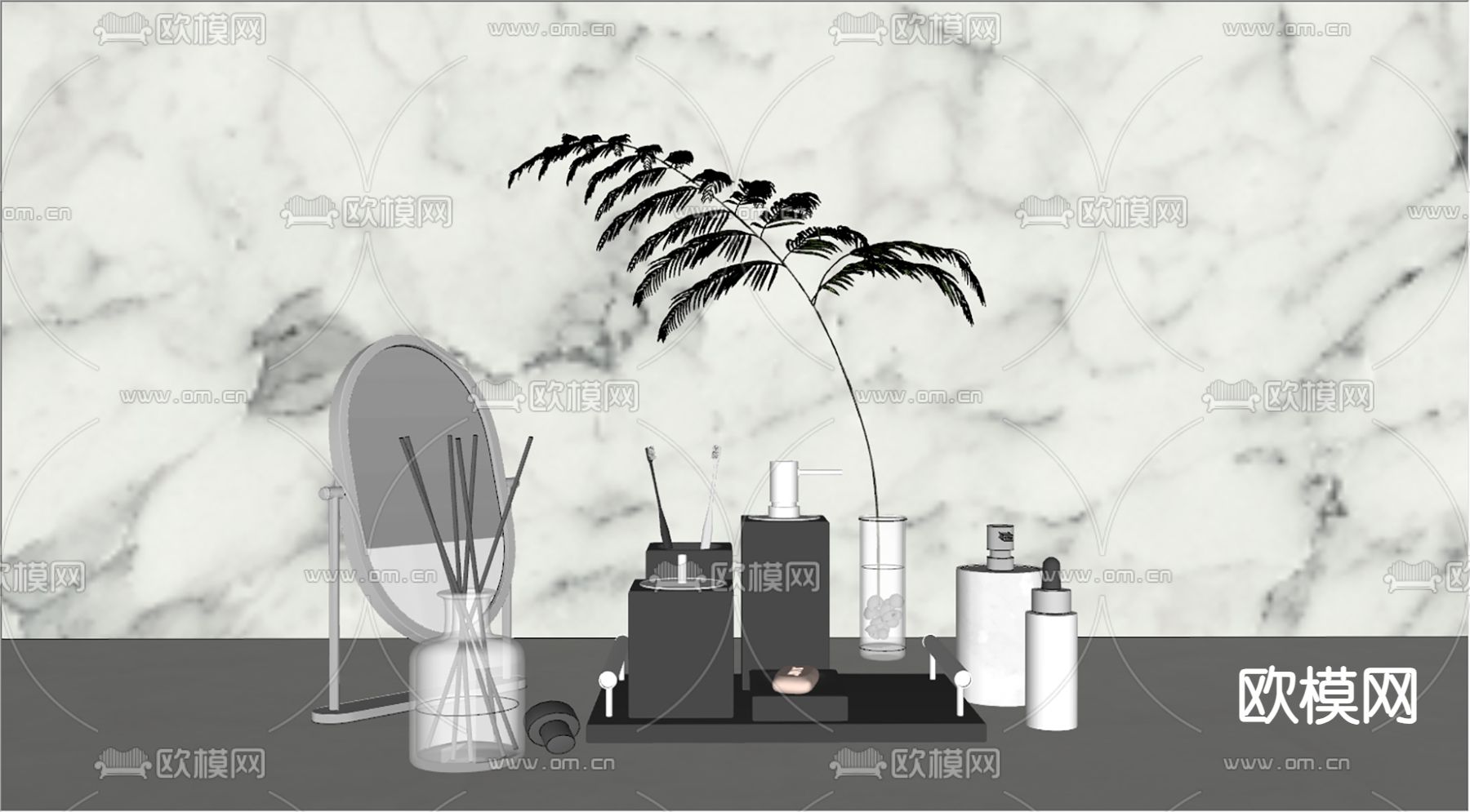 洗漱用品 牙刷 香薰 镜子su模型下载（渲染图2）