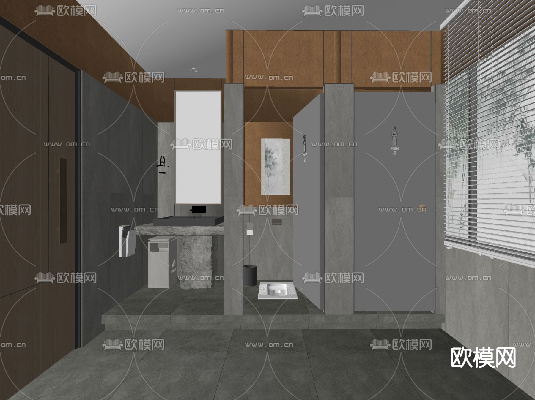 暗黑风公共卫生间su模型下载（渲染图2）