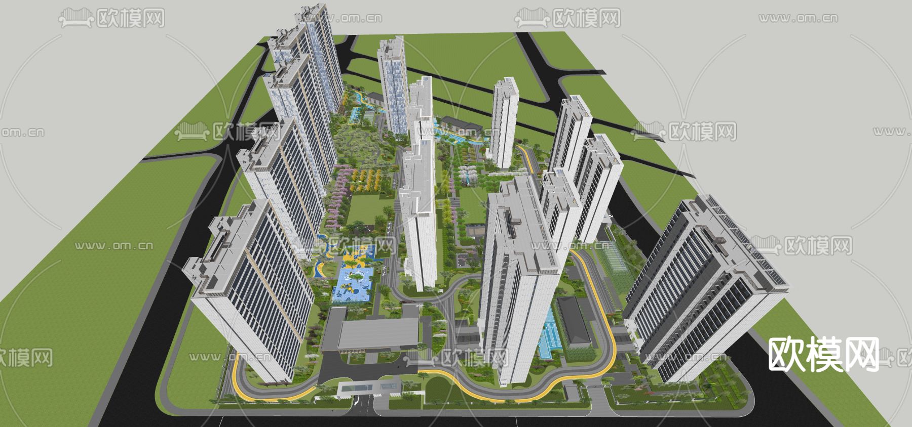 现代住宅小区鸟瞰su模型下载（渲染图3）