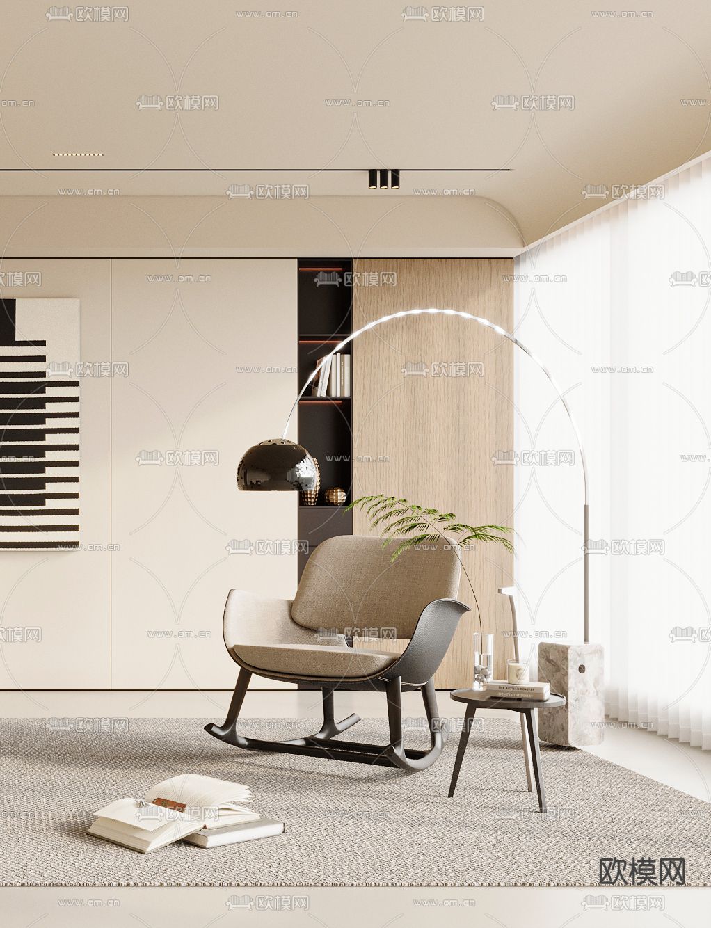 奶油风书房su模型下载（渲染图3）