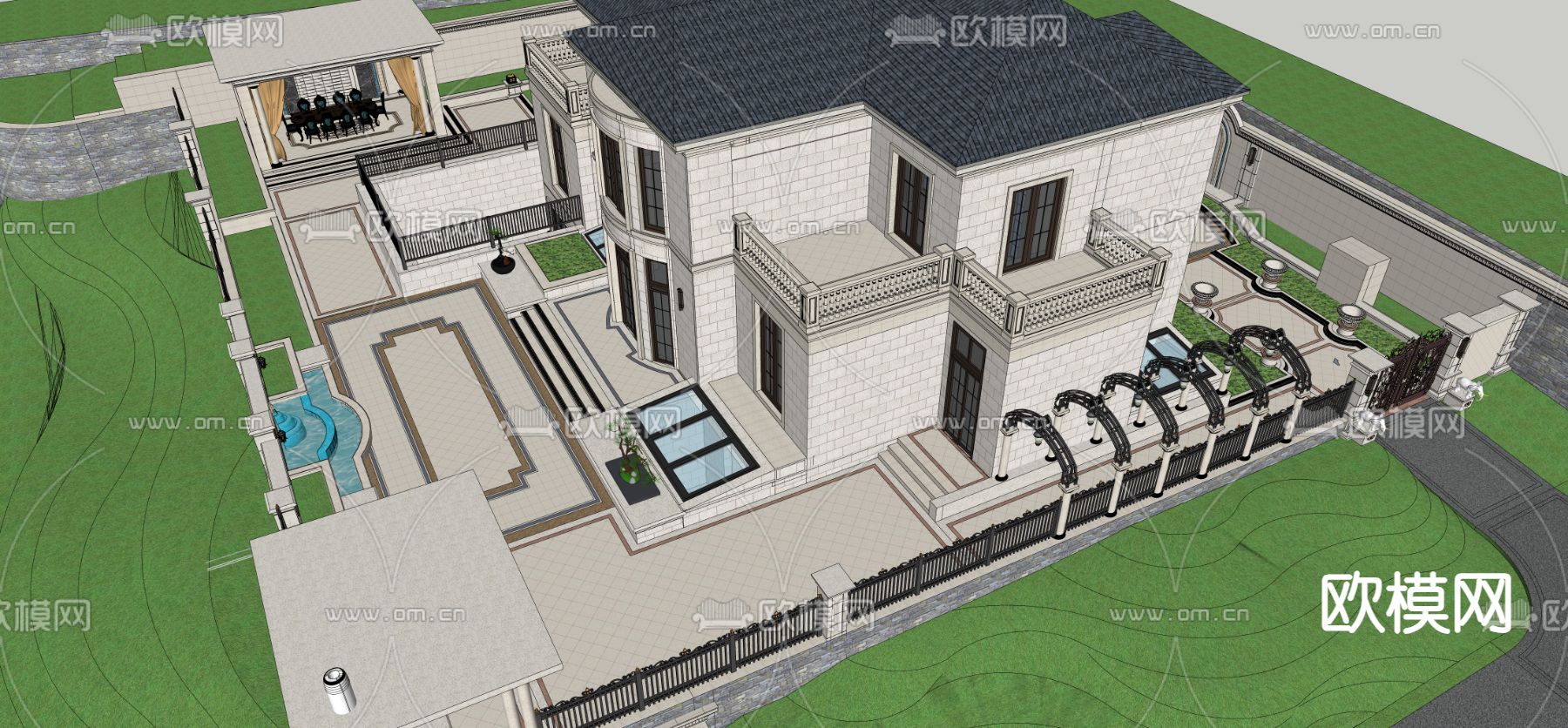 欧式别墅 庭院花园su模型下载（渲染图4）