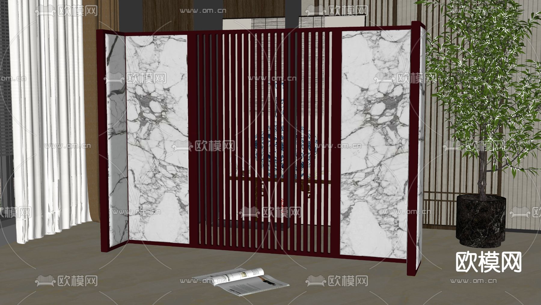 新中式屏风 隔断su模型下载（渲染图2）