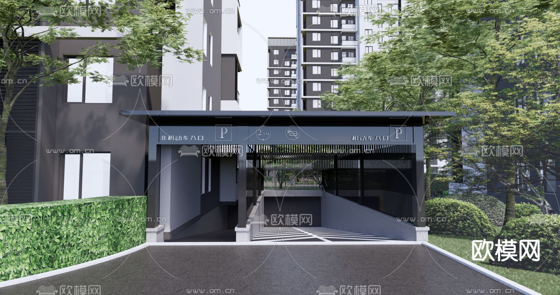 现代住宅小区 地库入口su模型下载（渲染图1）