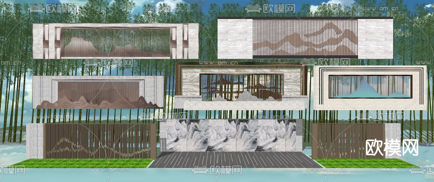 新中式造型景墙su模型下载（渲染图2）
