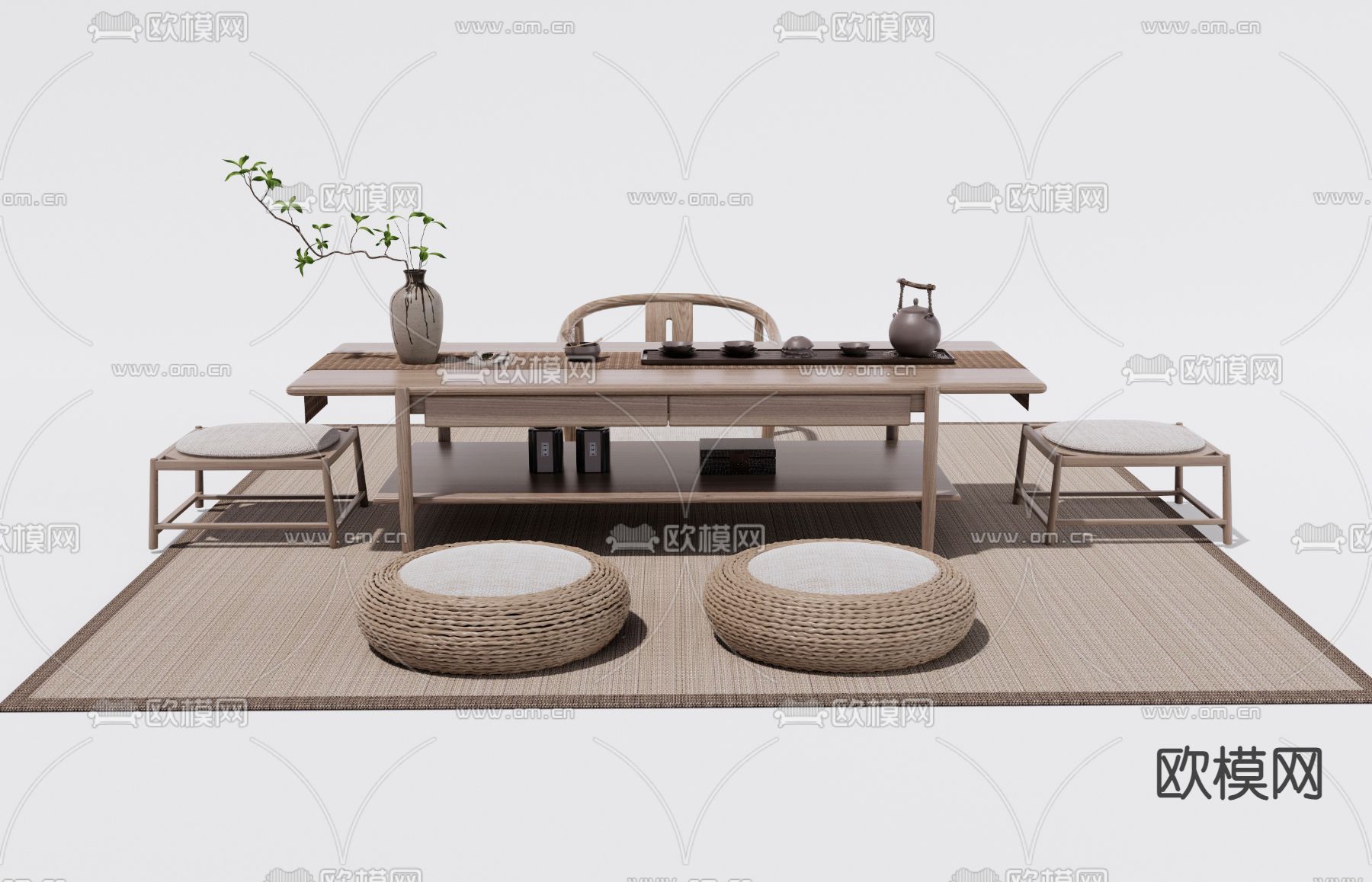 日式茶桌椅 茶台3d模型下载（渲染图1）