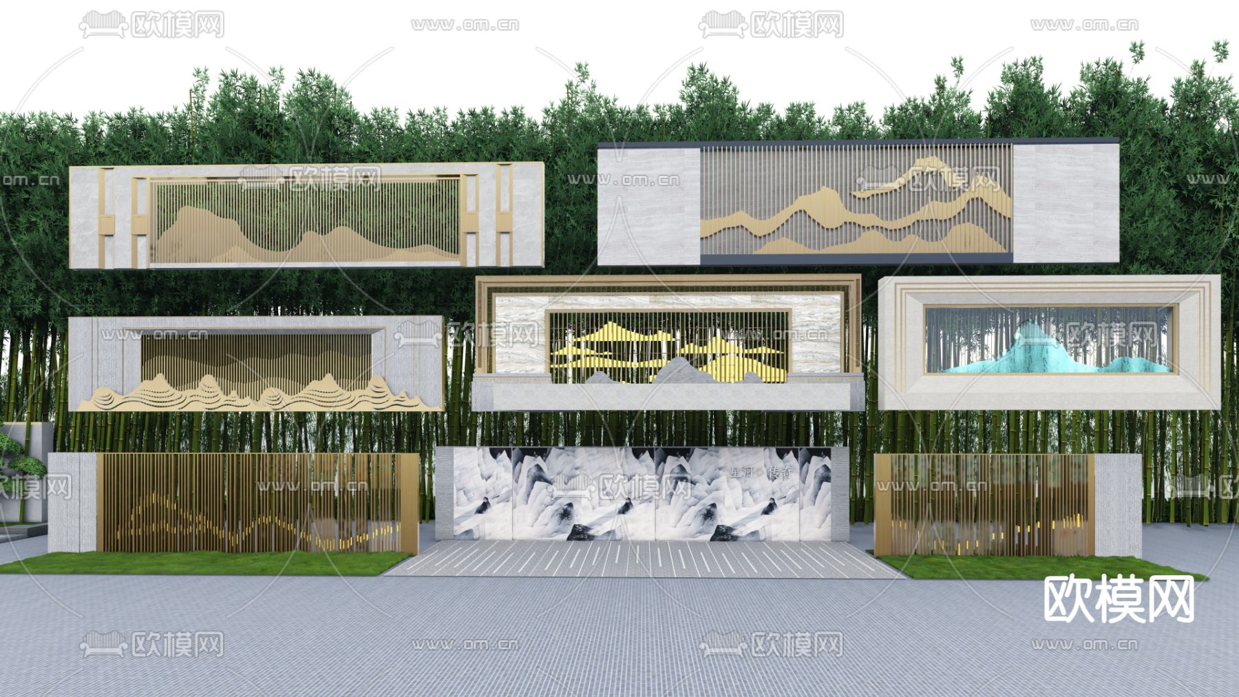 新中式造型景墙su模型下载（渲染图1）