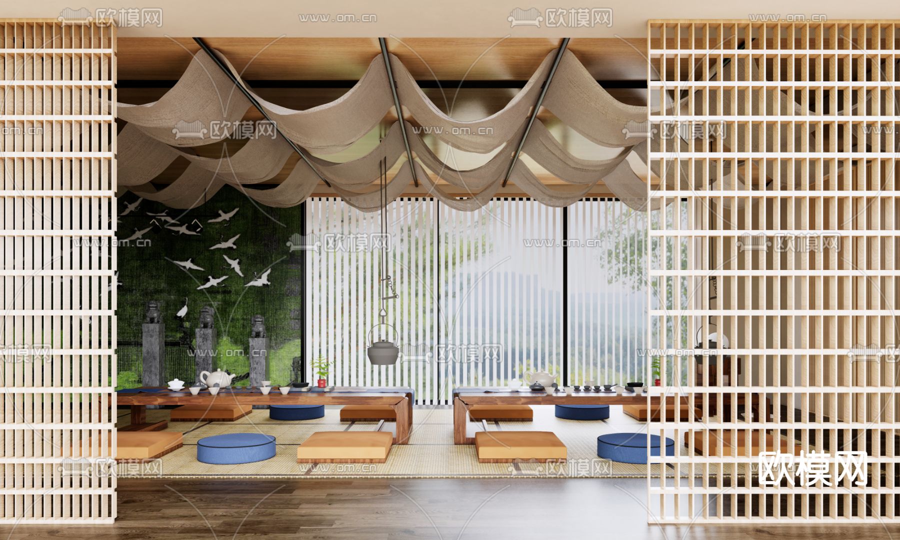 新中式休闲茶馆su模型下载（渲染图1）