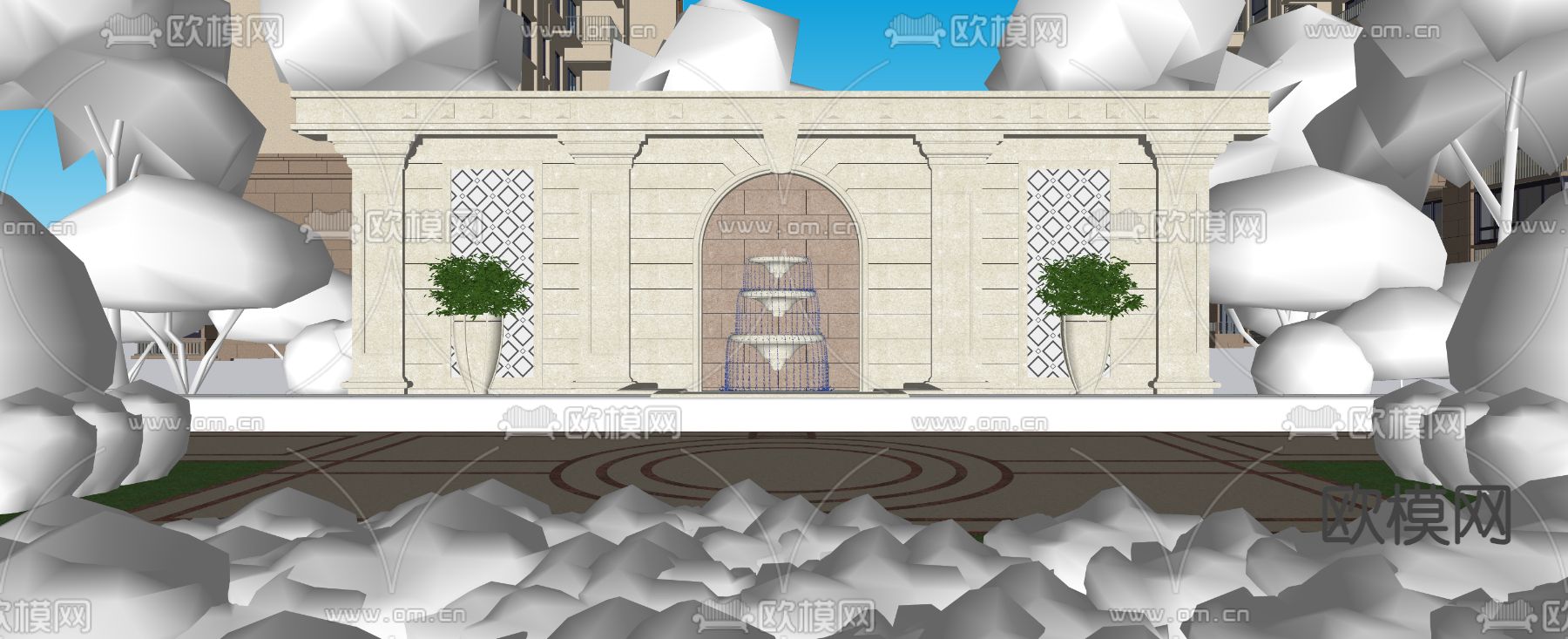 欧式水景景墙su模型下载（渲染图2）