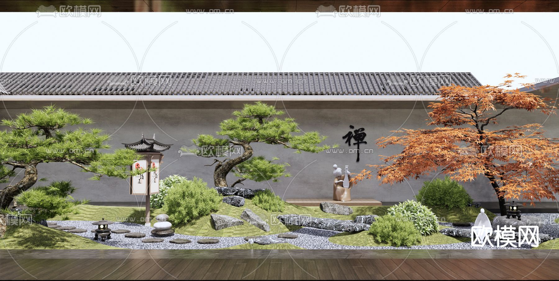 日式枯山水庭院su模型下载（渲染图1）