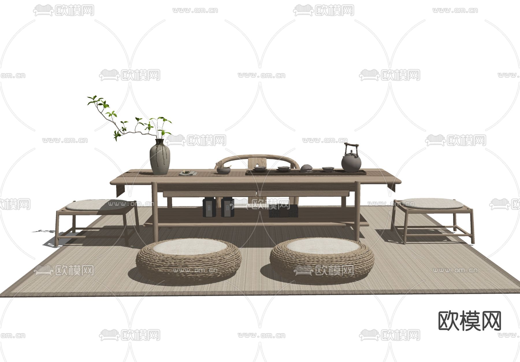 日式实木茶桌椅su模型下载（渲染图3）