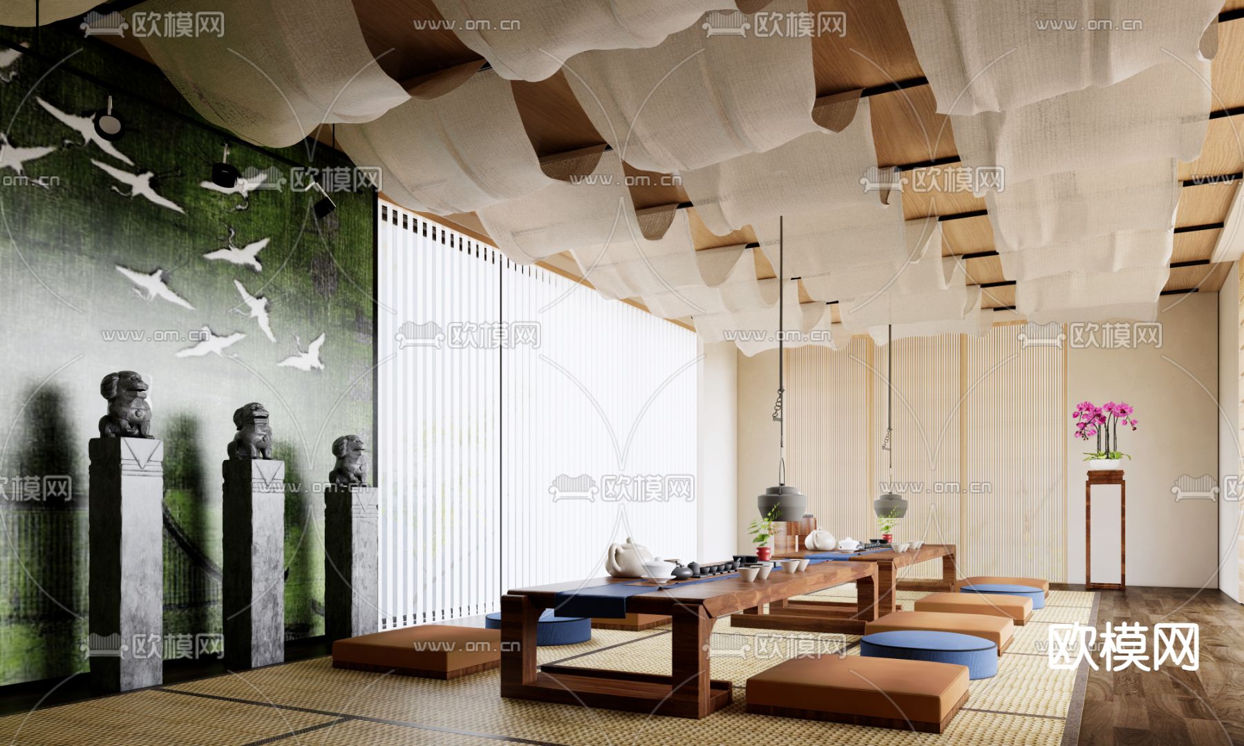 新中式休闲茶馆su模型下载（渲染图2）