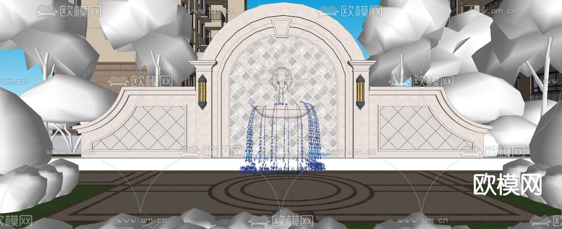 欧式水景景墙su模型下载（渲染图2）