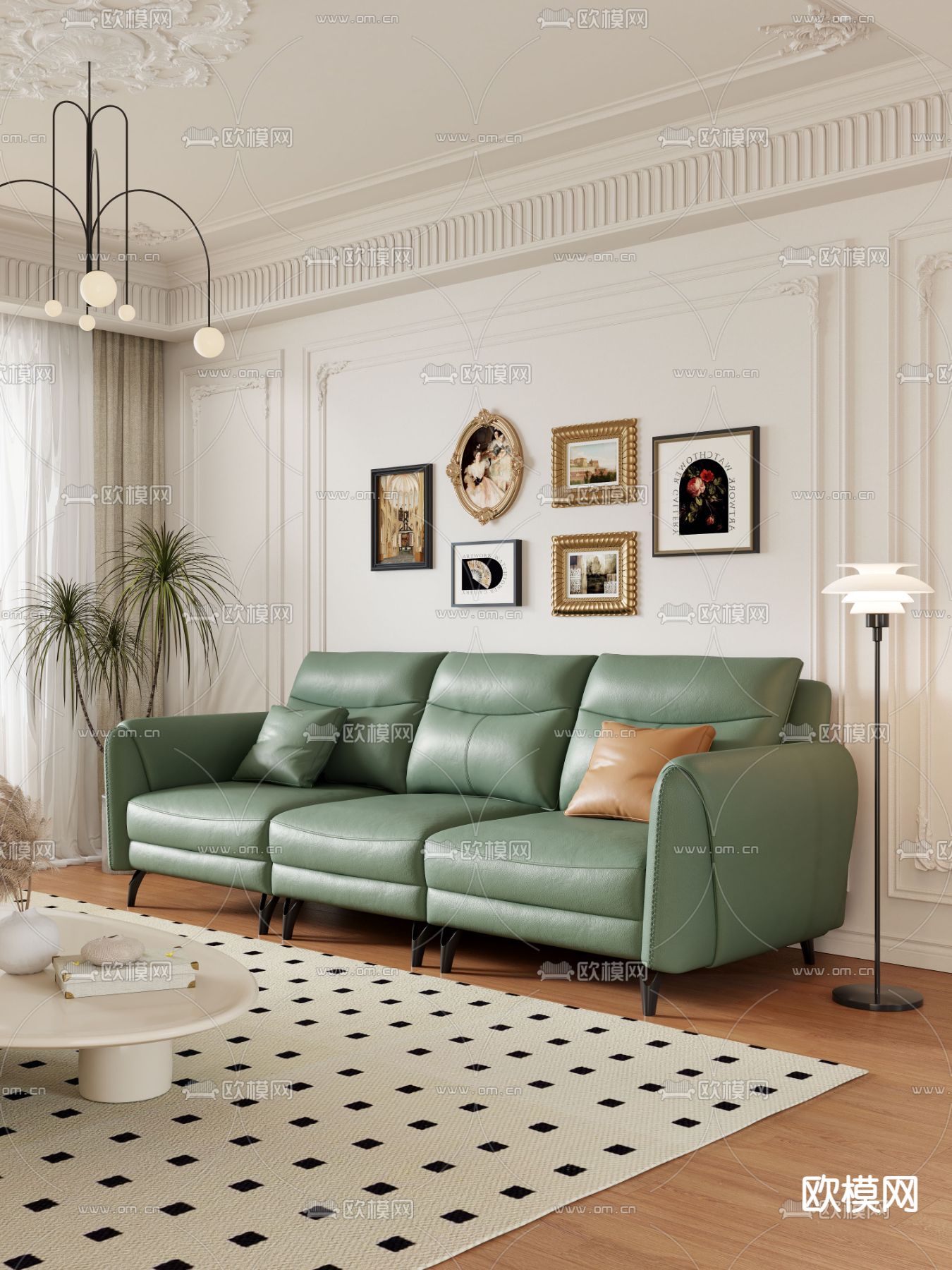 法式沙发 多人沙发  三人沙发3d模型下载（渲染图1）