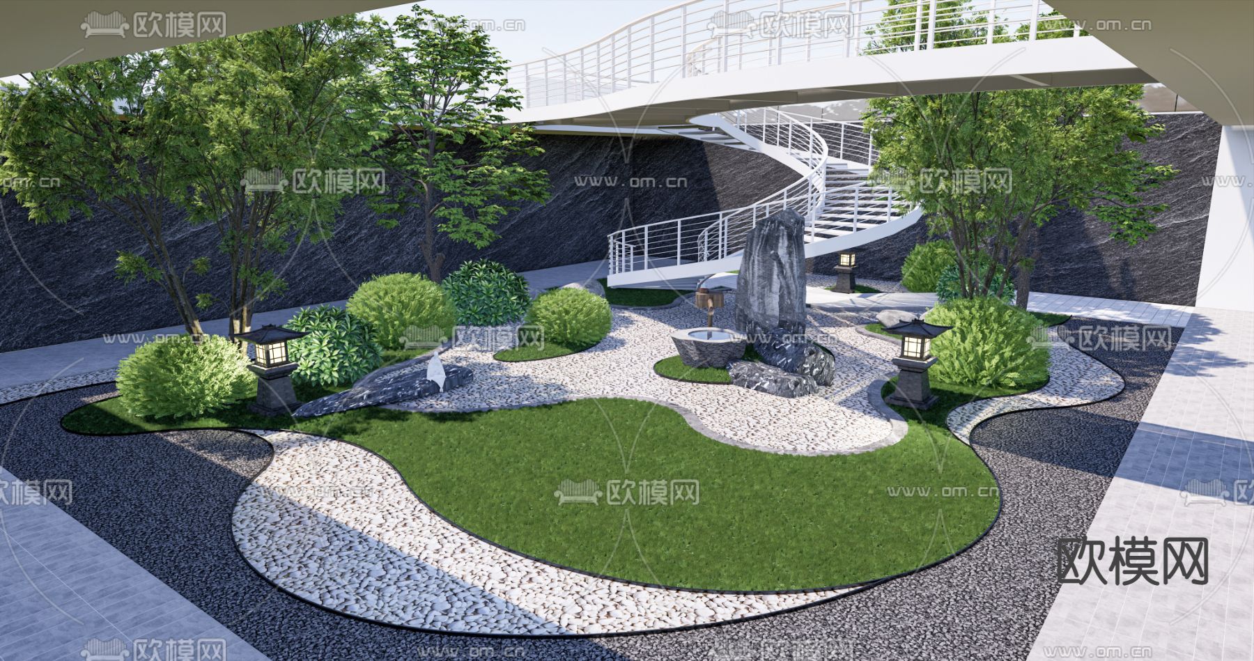 新中式下沉庭院景观su模型下载_ID14151742_sketchup模型下载-欧模网