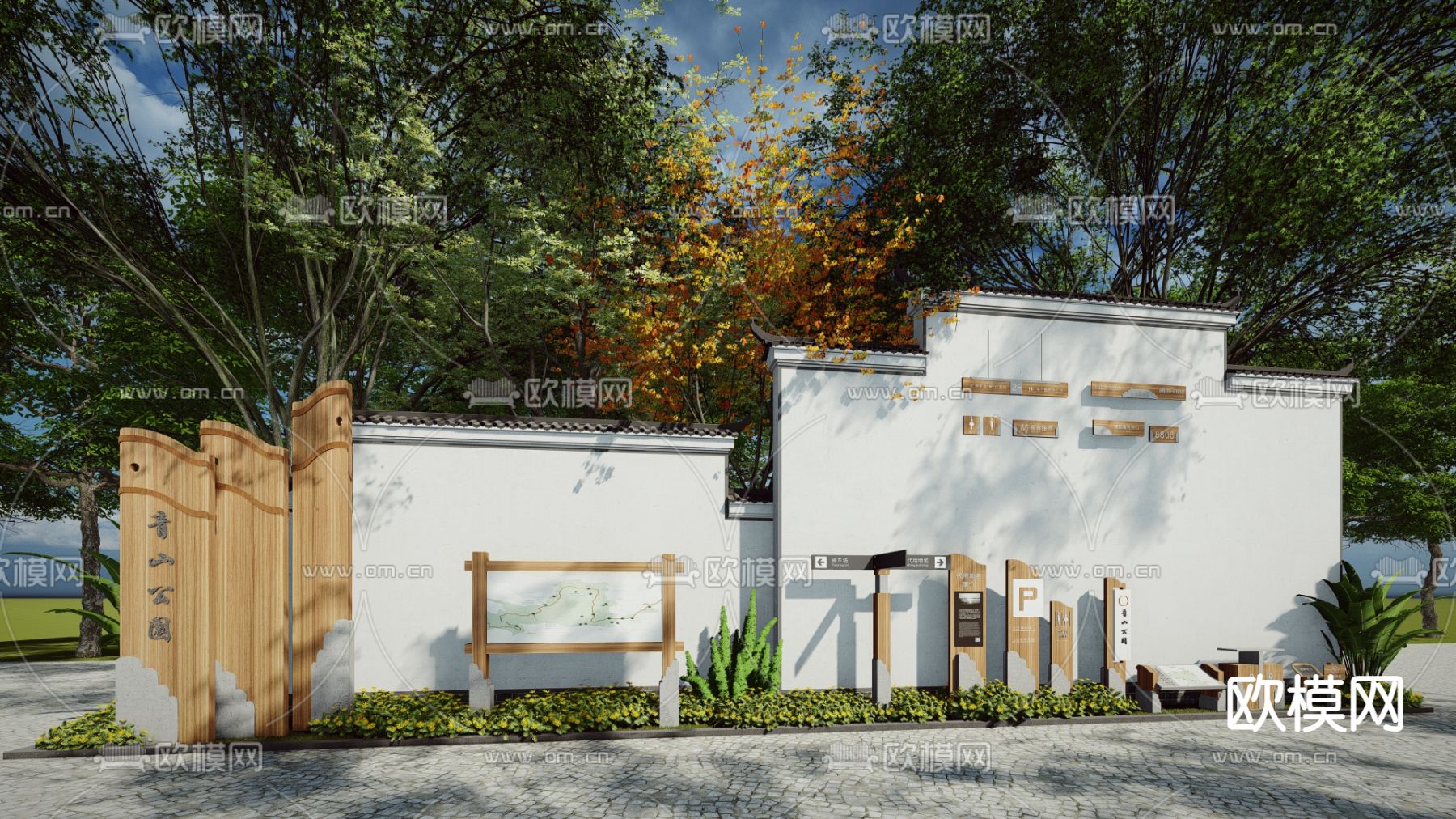 中式公园指示牌 导视系统su模型下载（渲染图1）