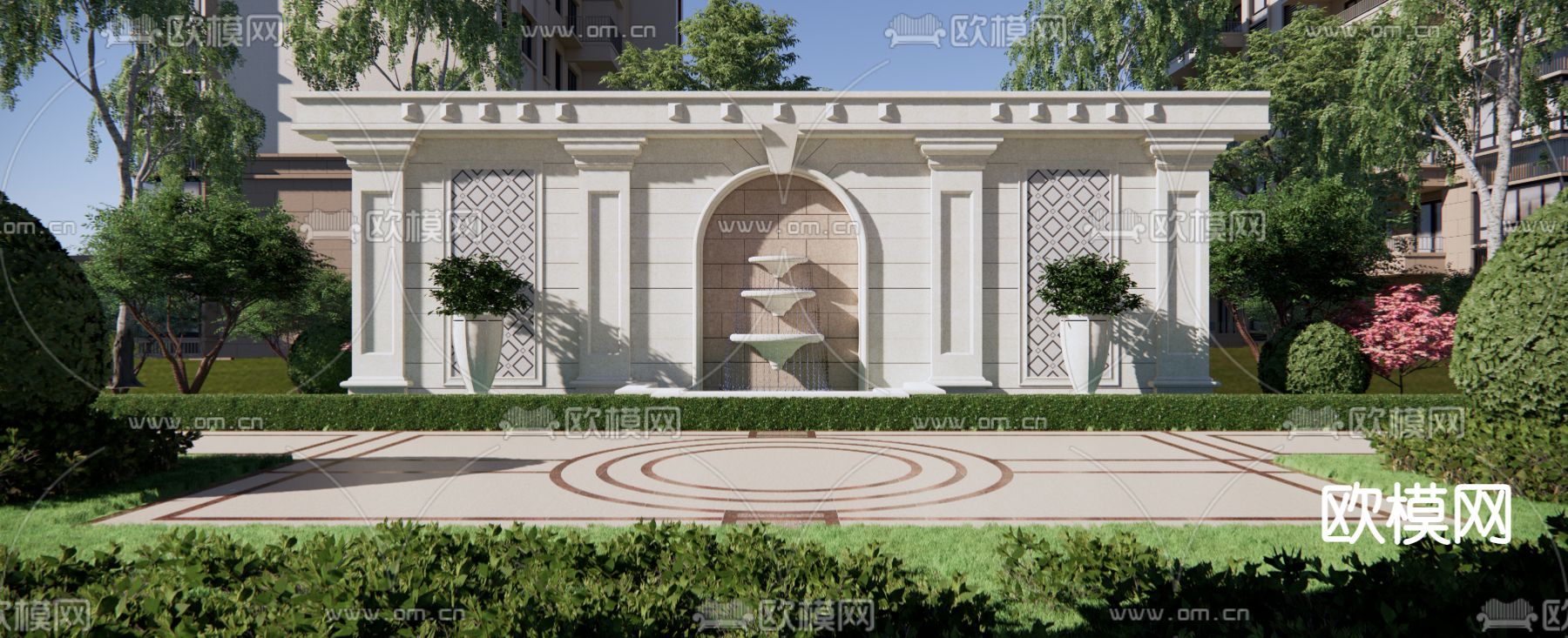 欧式水景景墙su模型下载（渲染图1）