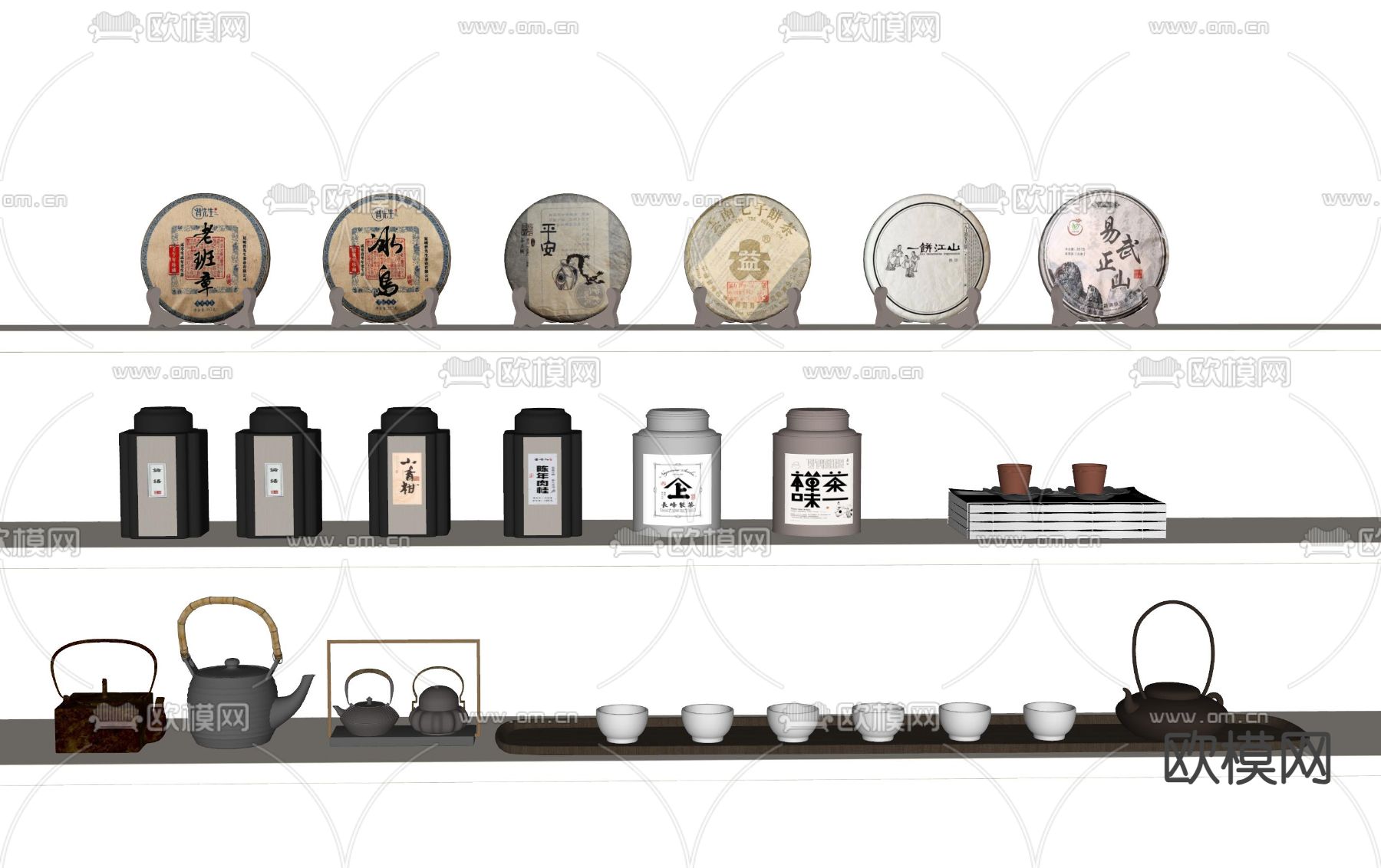 新中式茶壶 茶杯 茶饼 茶罐su模型下载（渲染图2）