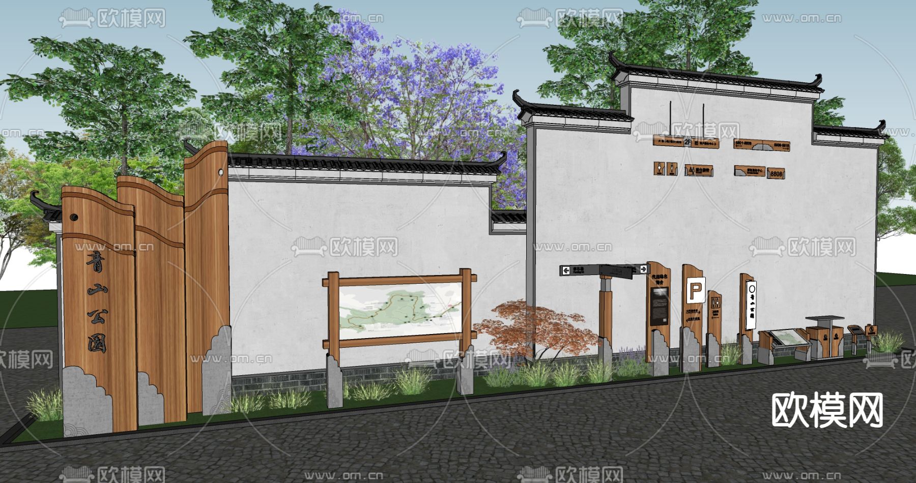 中式公园指示牌 导视系统su模型下载（渲染图2）