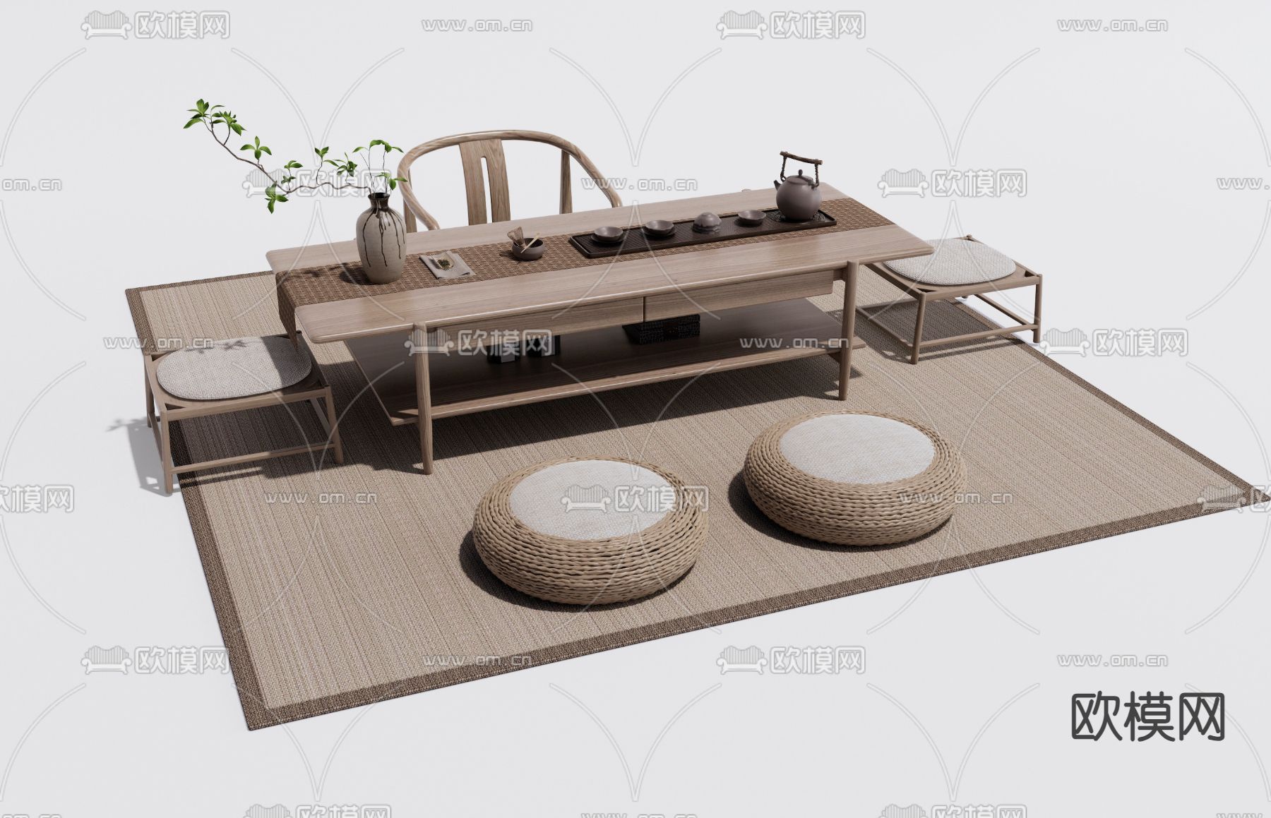 日式茶桌椅 茶台3d模型下载（渲染图2）