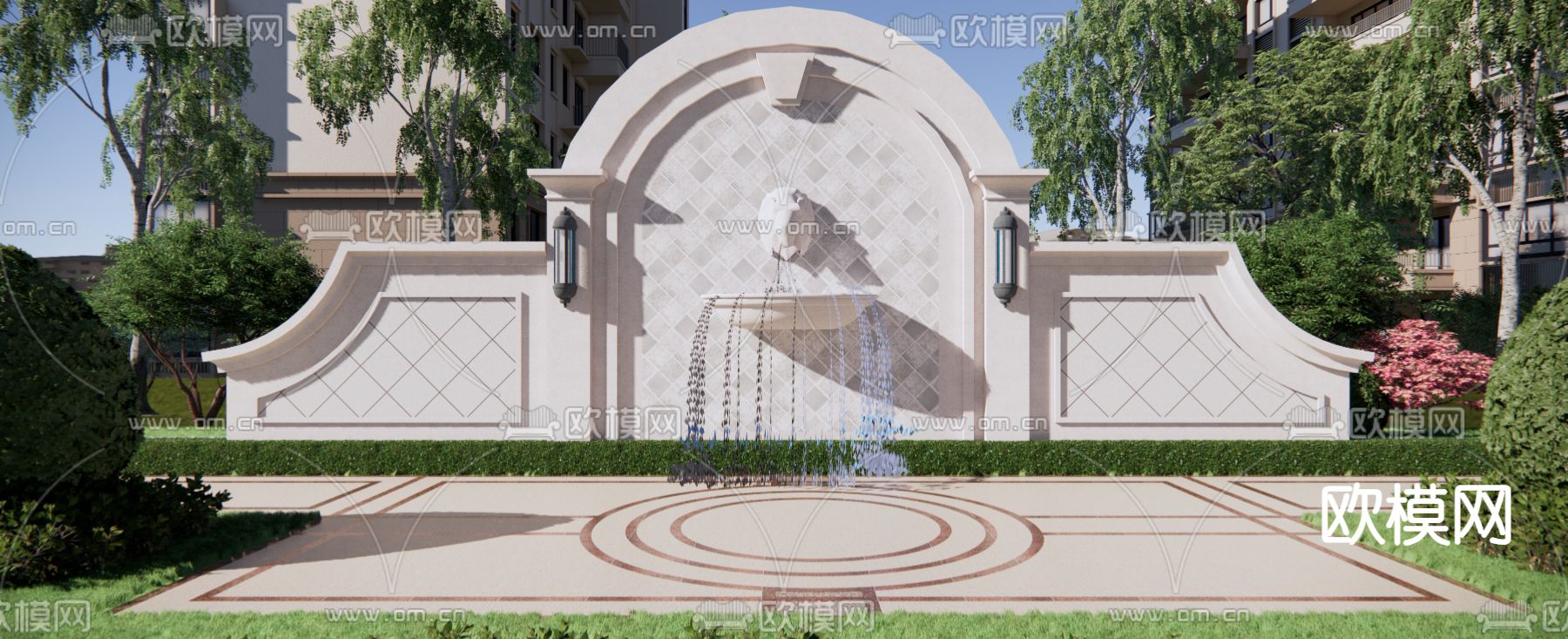 欧式水景景墙su模型下载（渲染图1）