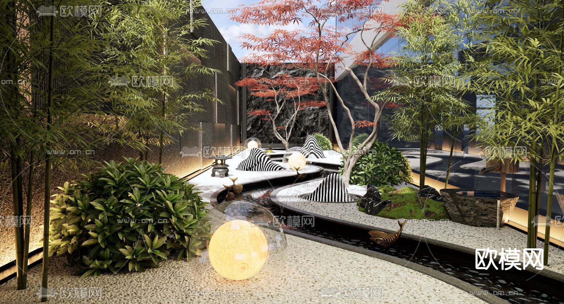新中式庭院 流水 花园3d模型下载_ID14149027_3dmax免费模型-欧模网