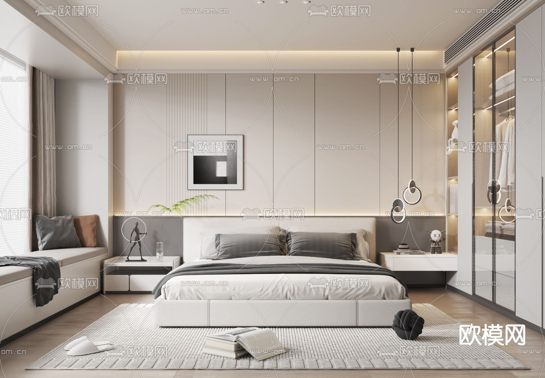 奶油风卧室 主人房3d模型下载