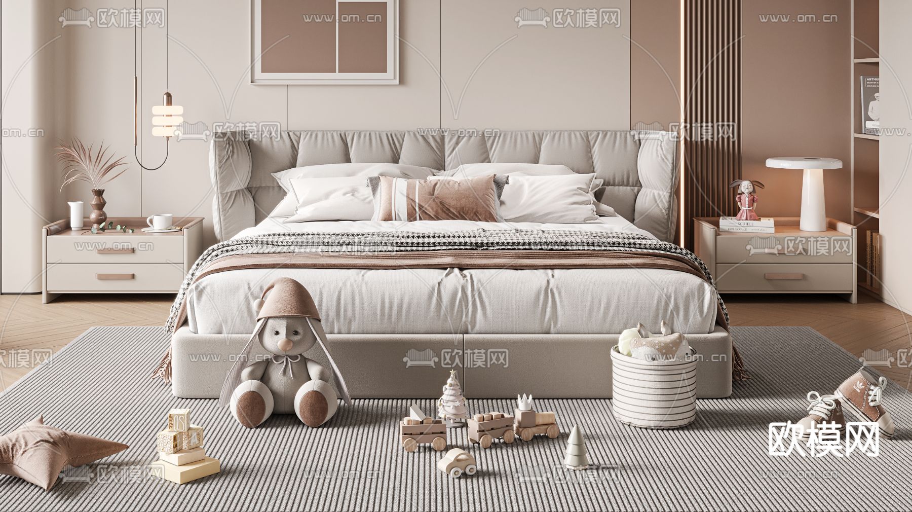 现代布艺双人床su模型下载（渲染图1）
