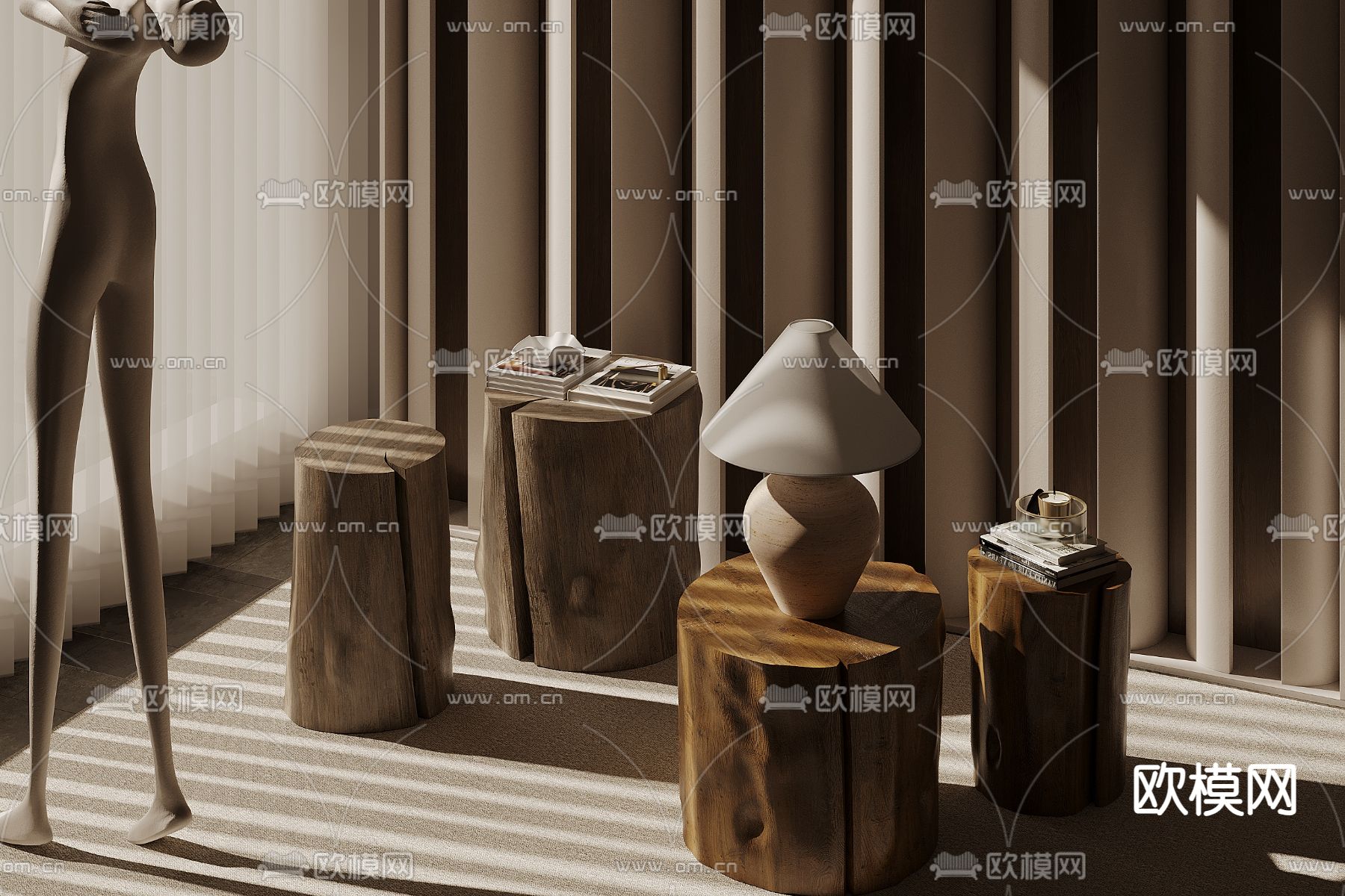 侘寂角几 圆几 木桩 树墩3d模型下载（渲染图2）