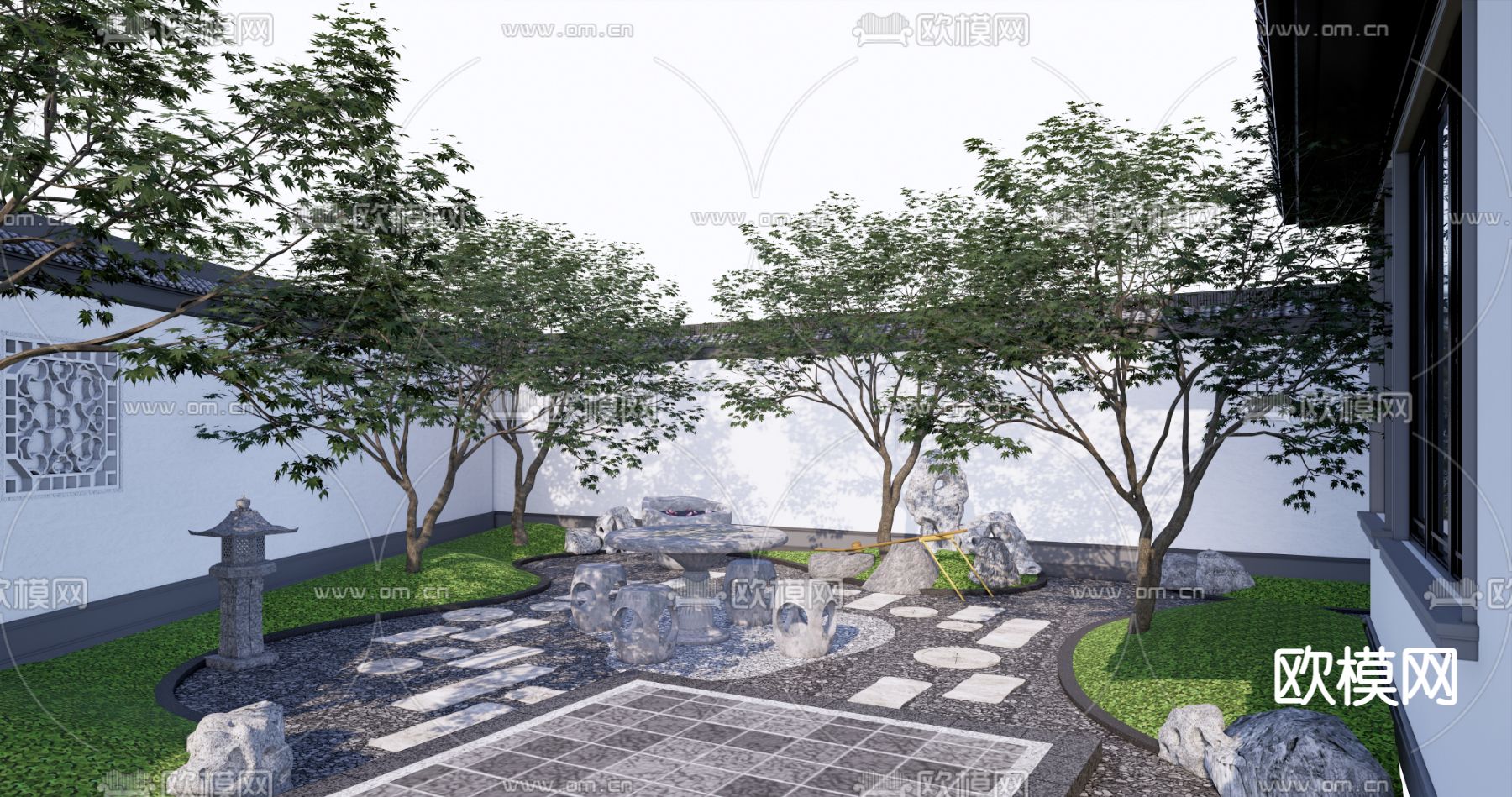 中式庭院景观su模型下载（渲染图1）