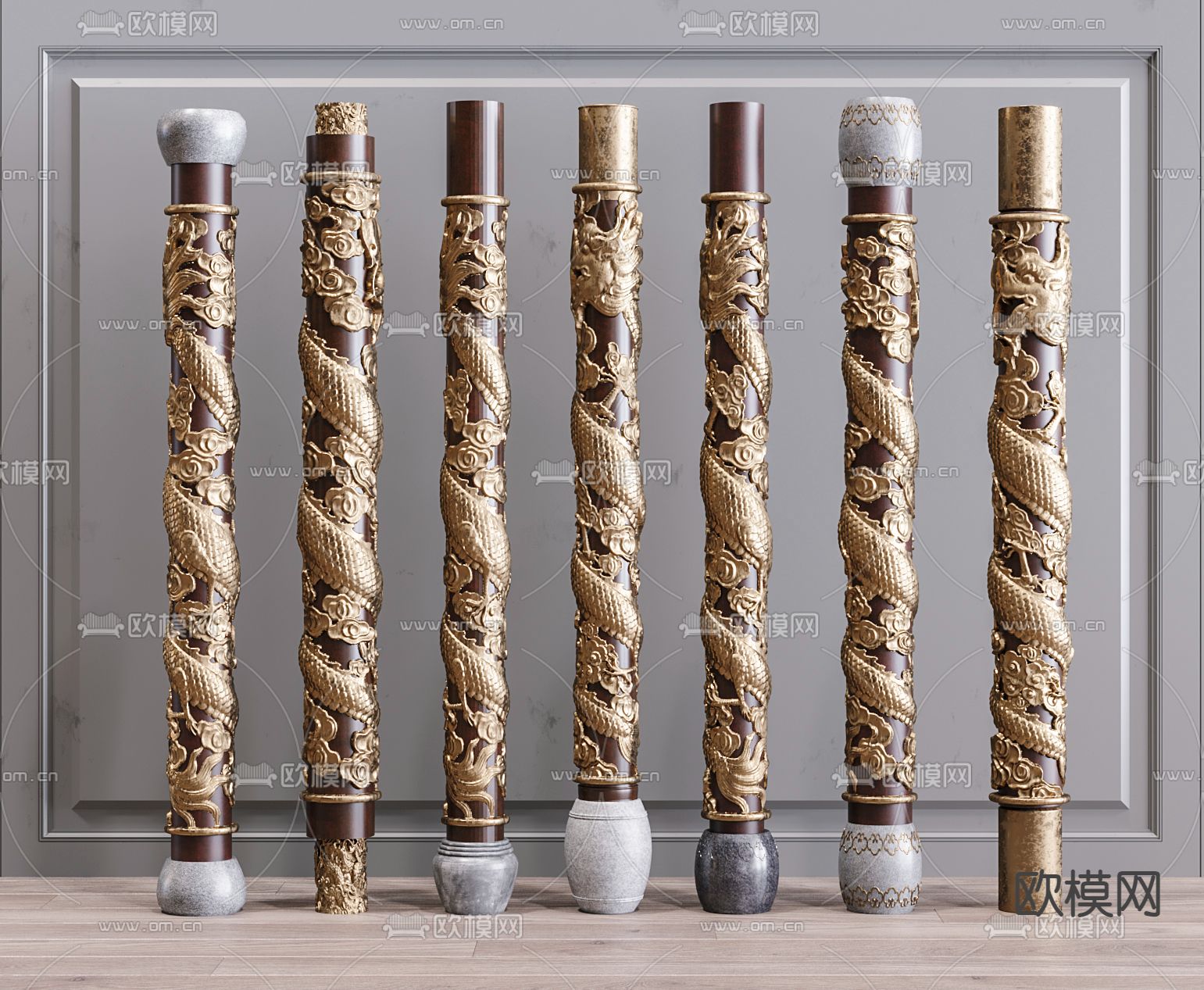 新中式盘龙柱子su模型下载（渲染图1）