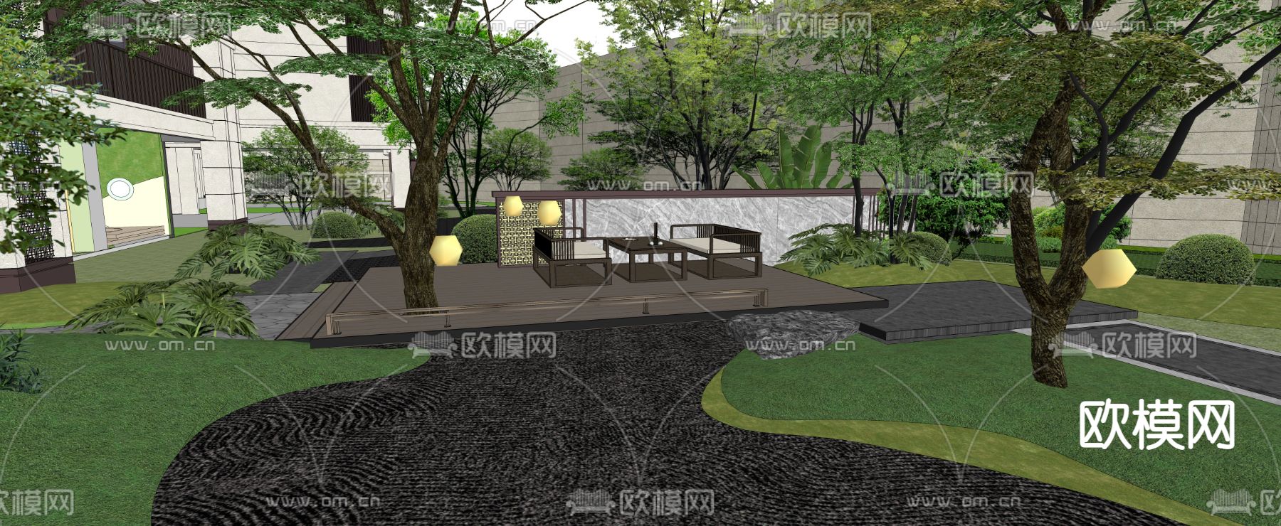 新中式小区园林景观su模型