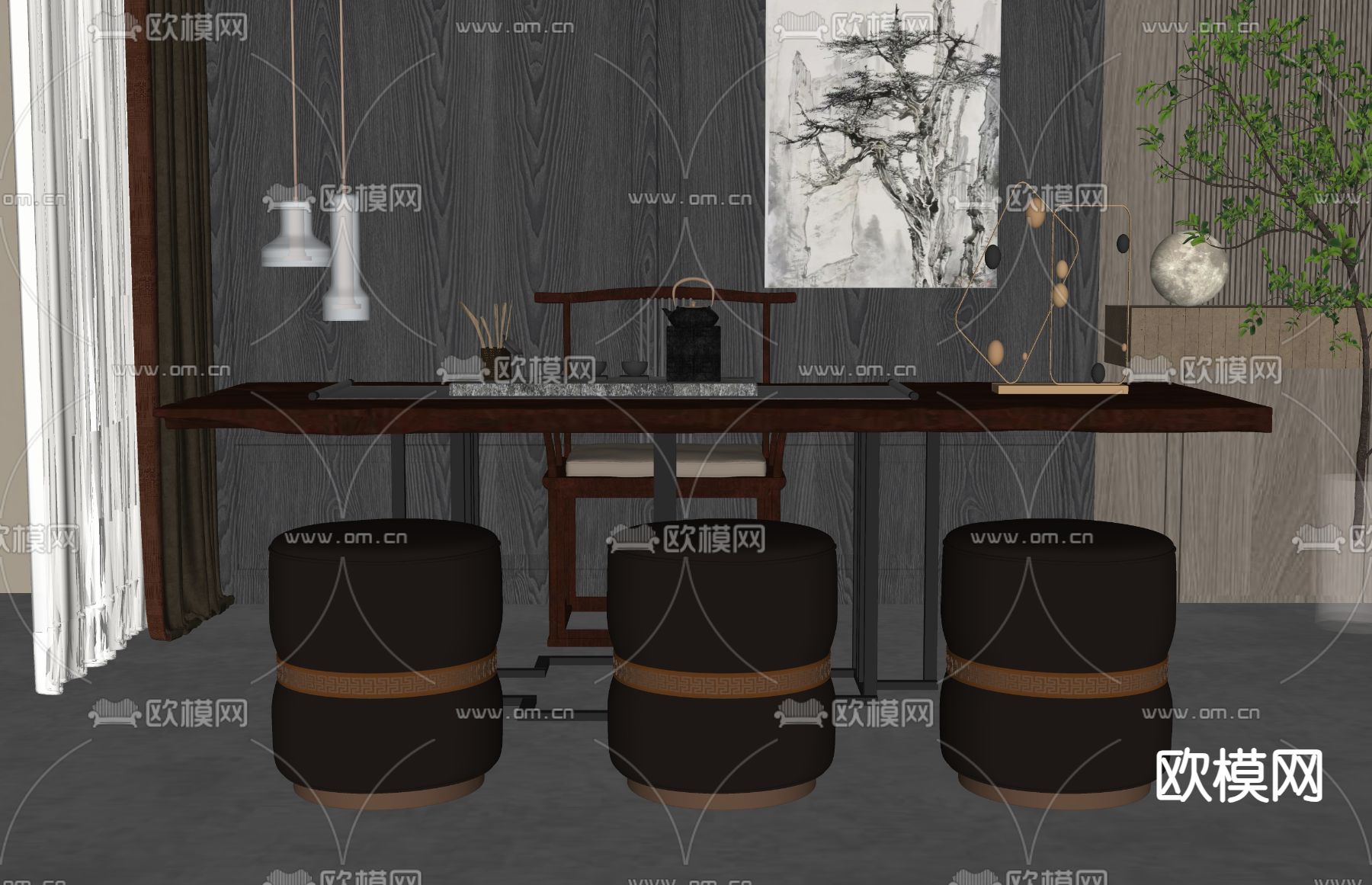新中式茶室 茶桌椅su模型下载（渲染图2）