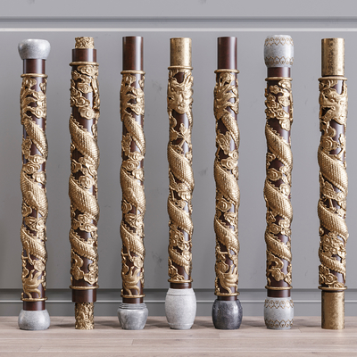  新中式盘龙柱子su模型 