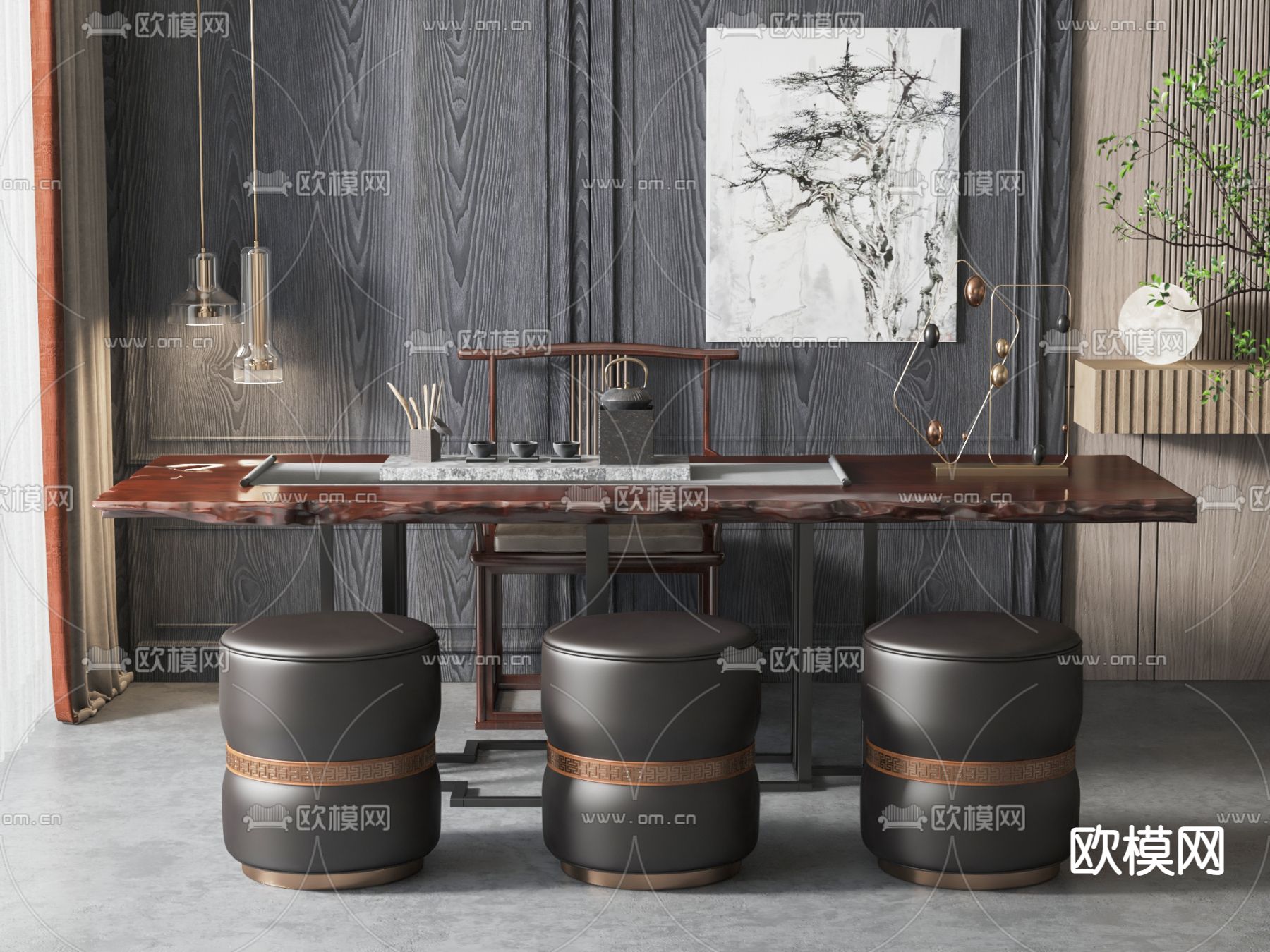 新中式茶室 茶桌椅su模型下载（渲染图1）