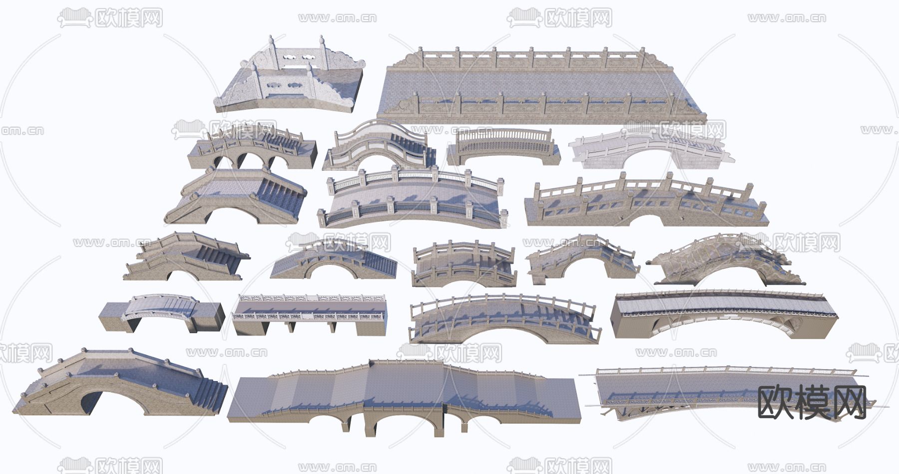 中式石桥 拱桥 栏杆su模型
