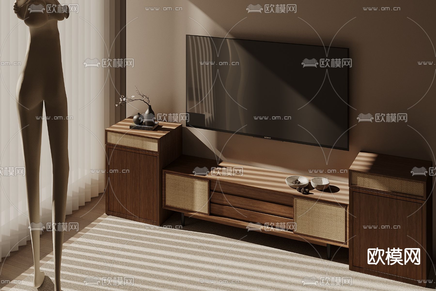 侘寂风电视柜 边柜3d模型下载（渲染图2）