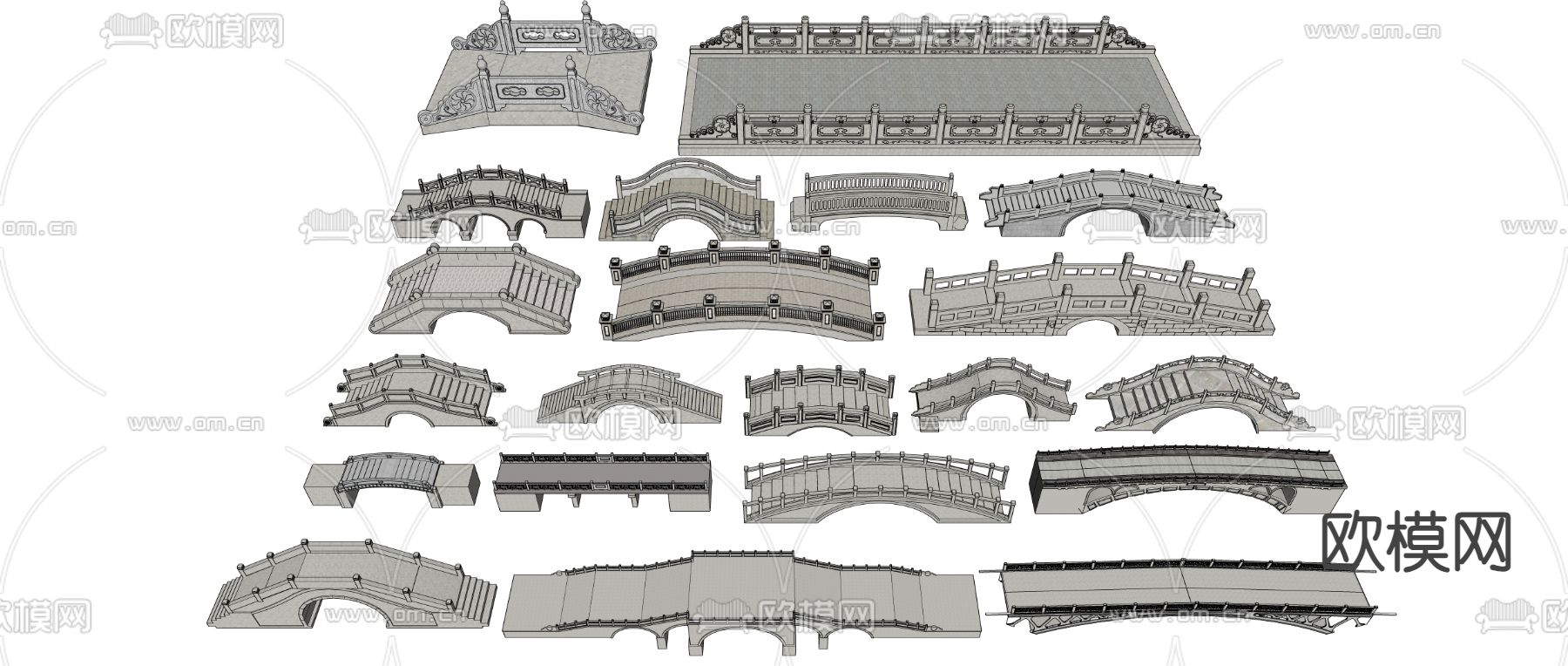 中式石桥 拱桥 栏杆su模型
