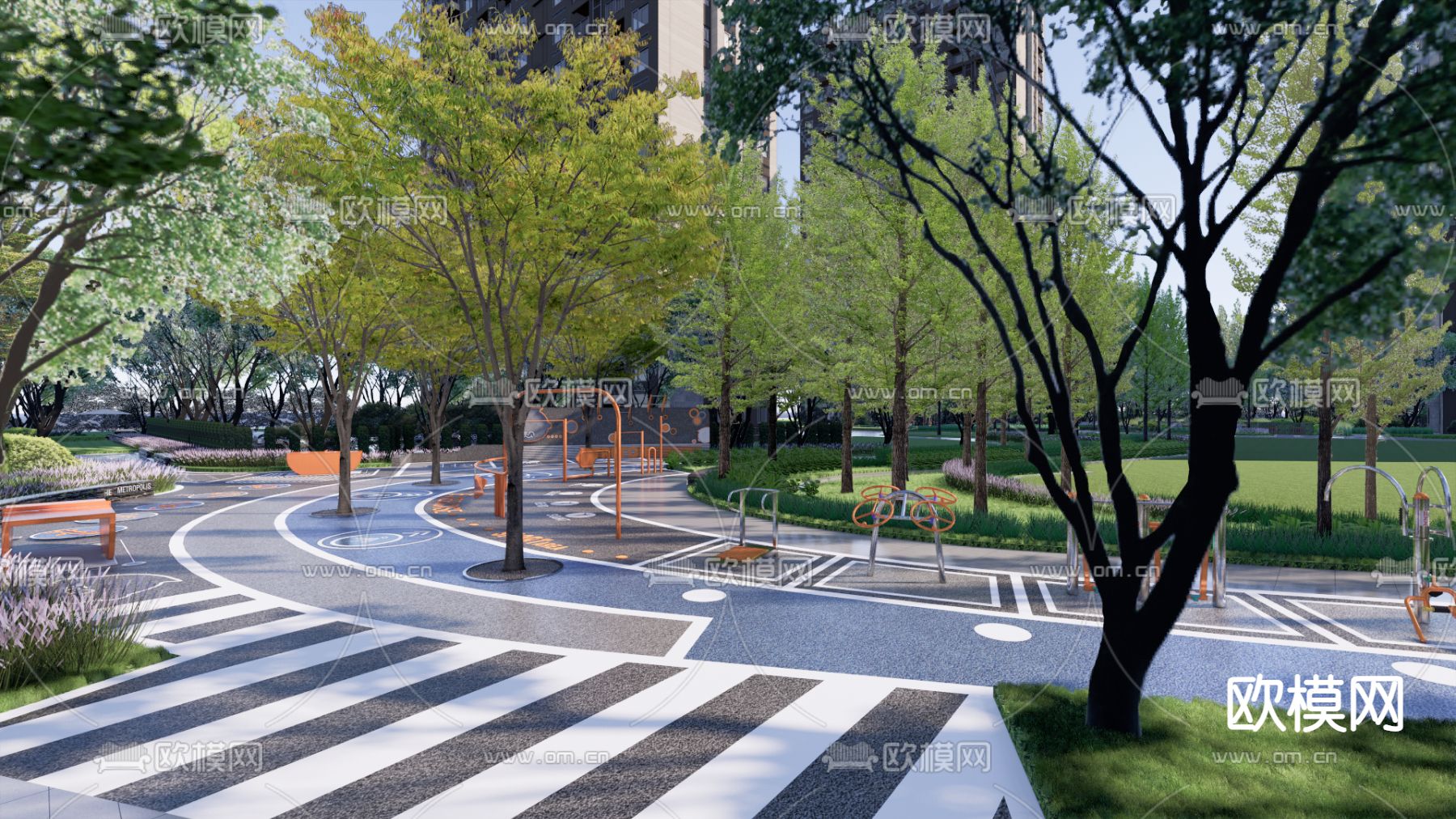 现代住宅小区园林景观su模型下载（渲染图1）