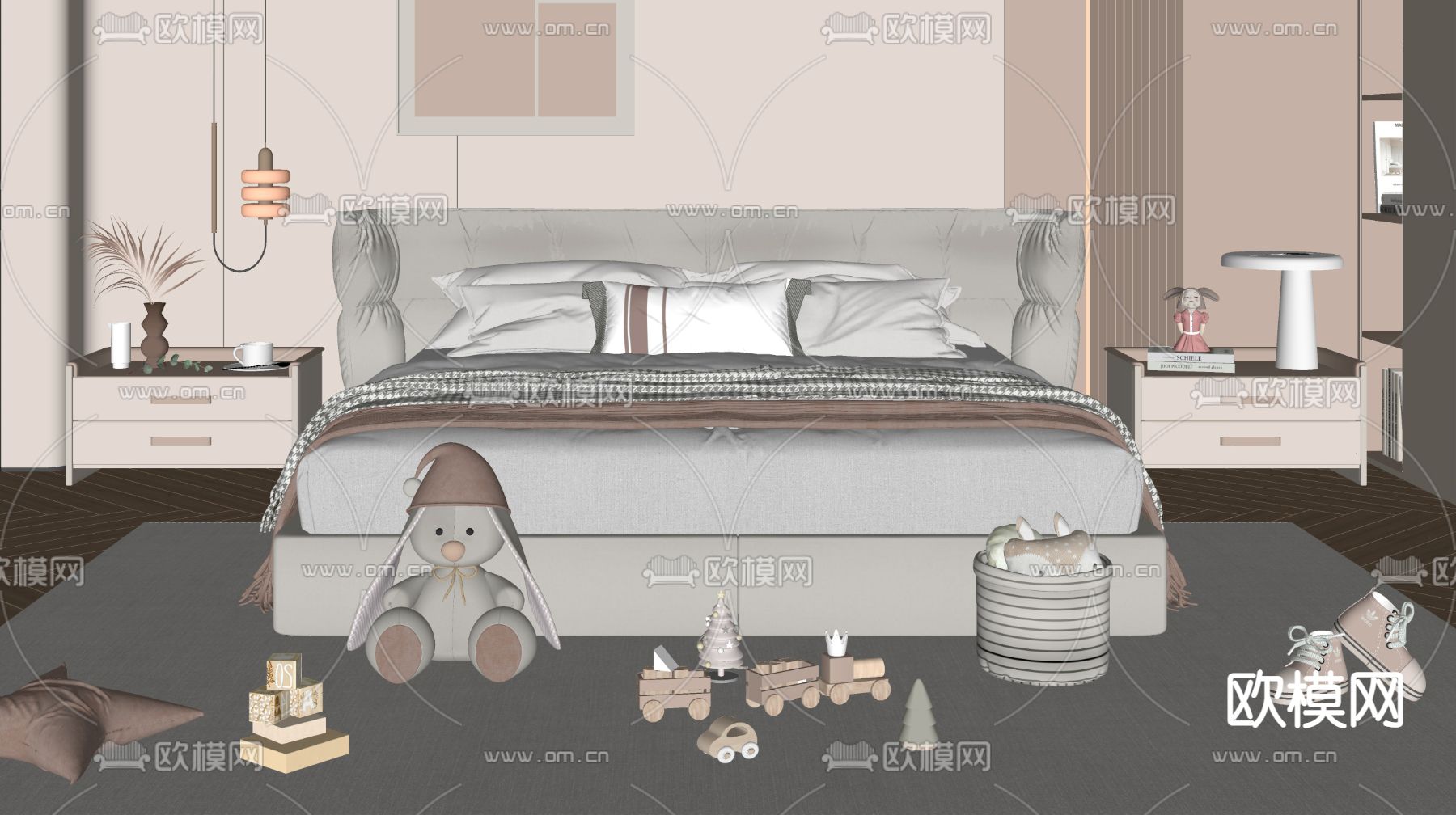 现代布艺双人床su模型下载（渲染图2）