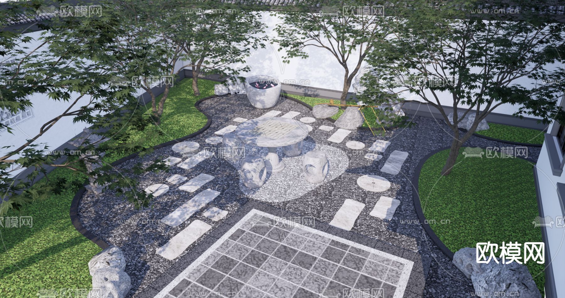 中式庭院景观su模型下载（渲染图2）