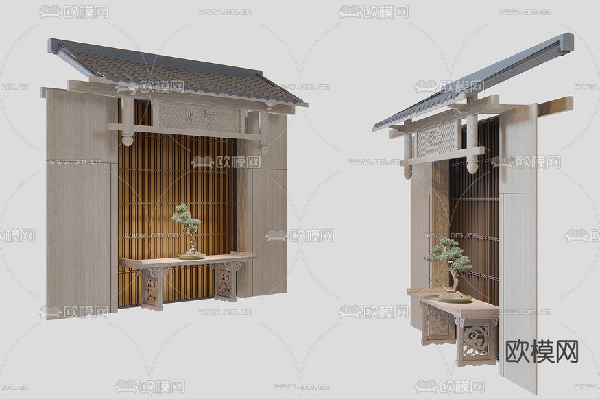 中式背景墙 条案3d模型下载